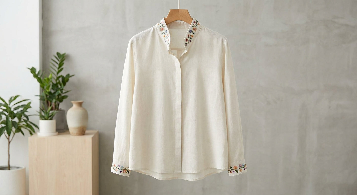 Women's Floral Embroidered Blouse | Structured Stand-Up Collar Top | Relaxed Fit Elegant Shirt
