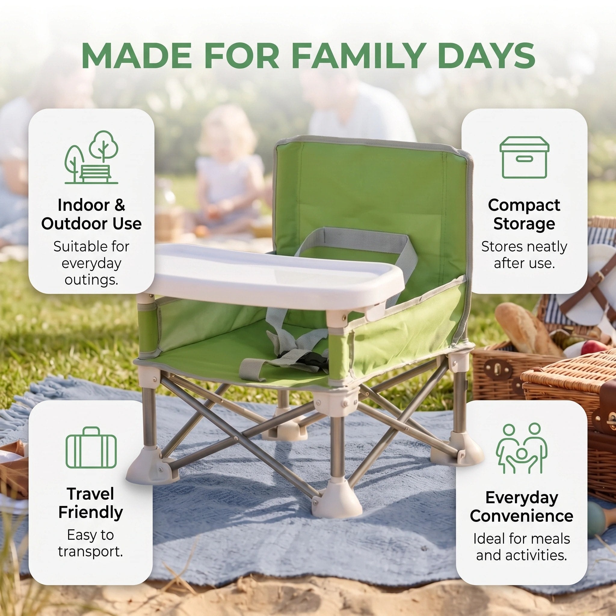 Foldable Baby Camping Chair with Removable Tray and Safety Harness for Travel