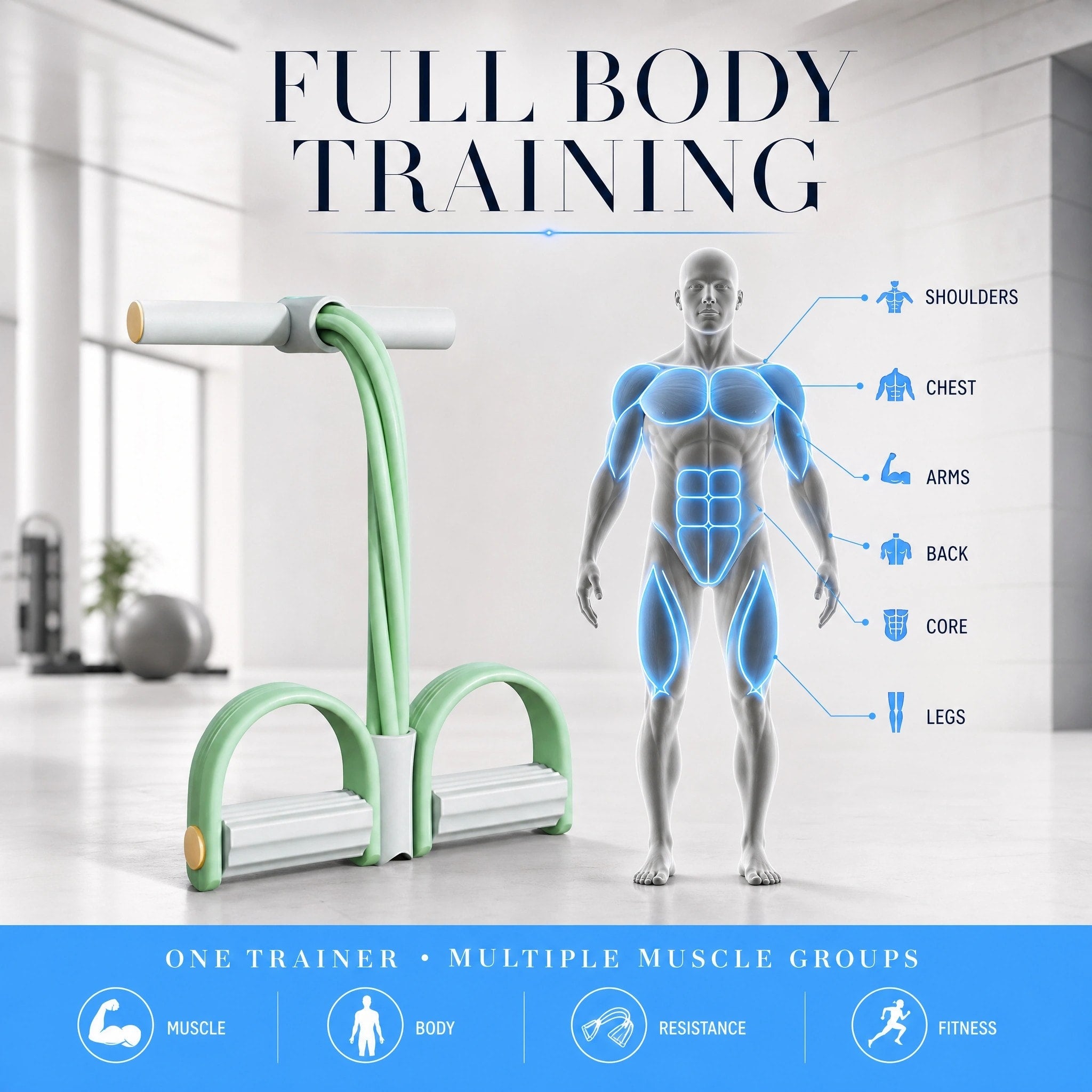 Full Body Resistance Band Trainer with Foam Handles and Foot Pedals