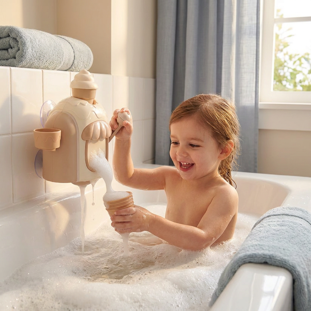 Jouet de bain à bulles avec mousseur, gobelet en forme de cornet et fixation par ventouse