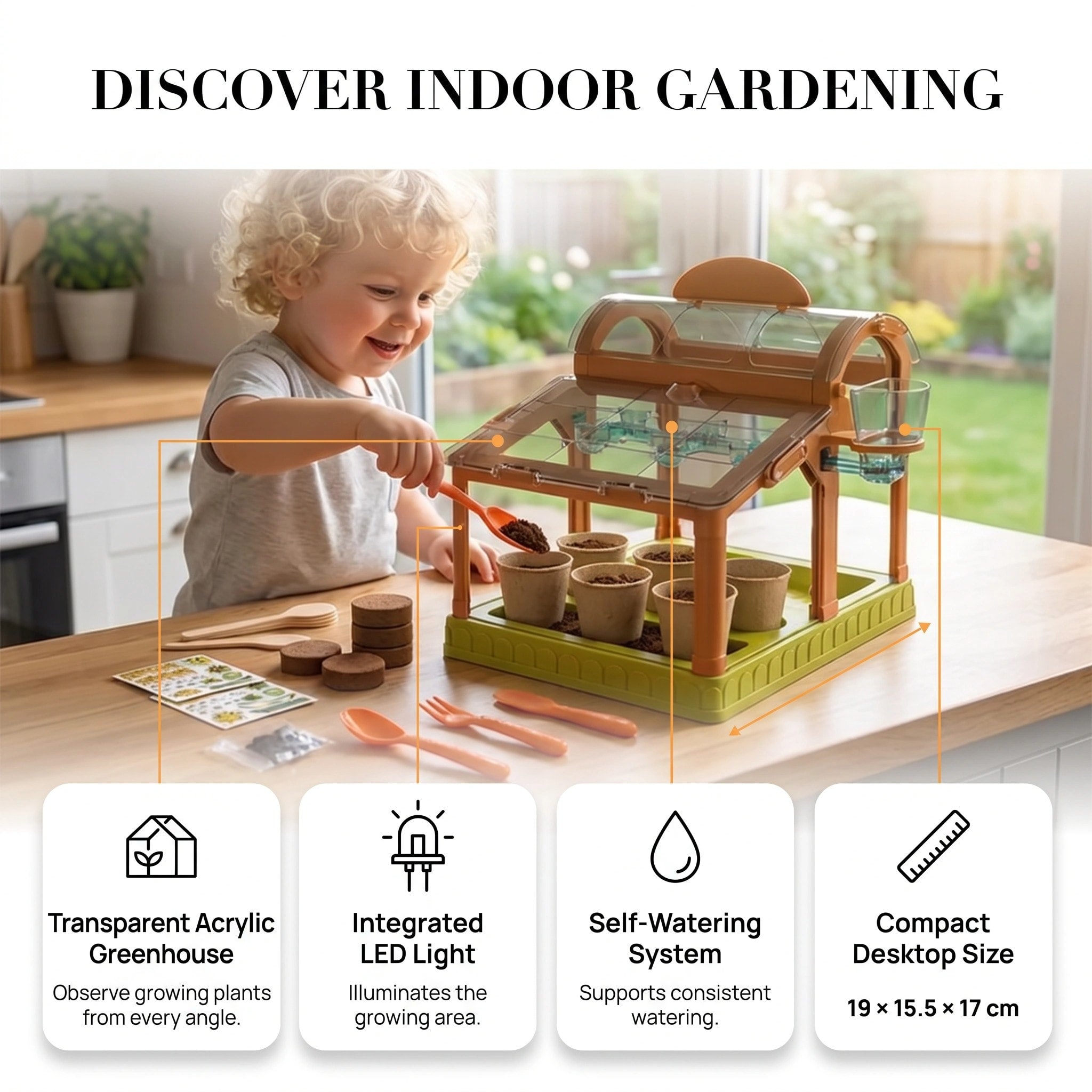 Kids Indoor Greenhouse Growing Kit with LED Light and Self Watering System