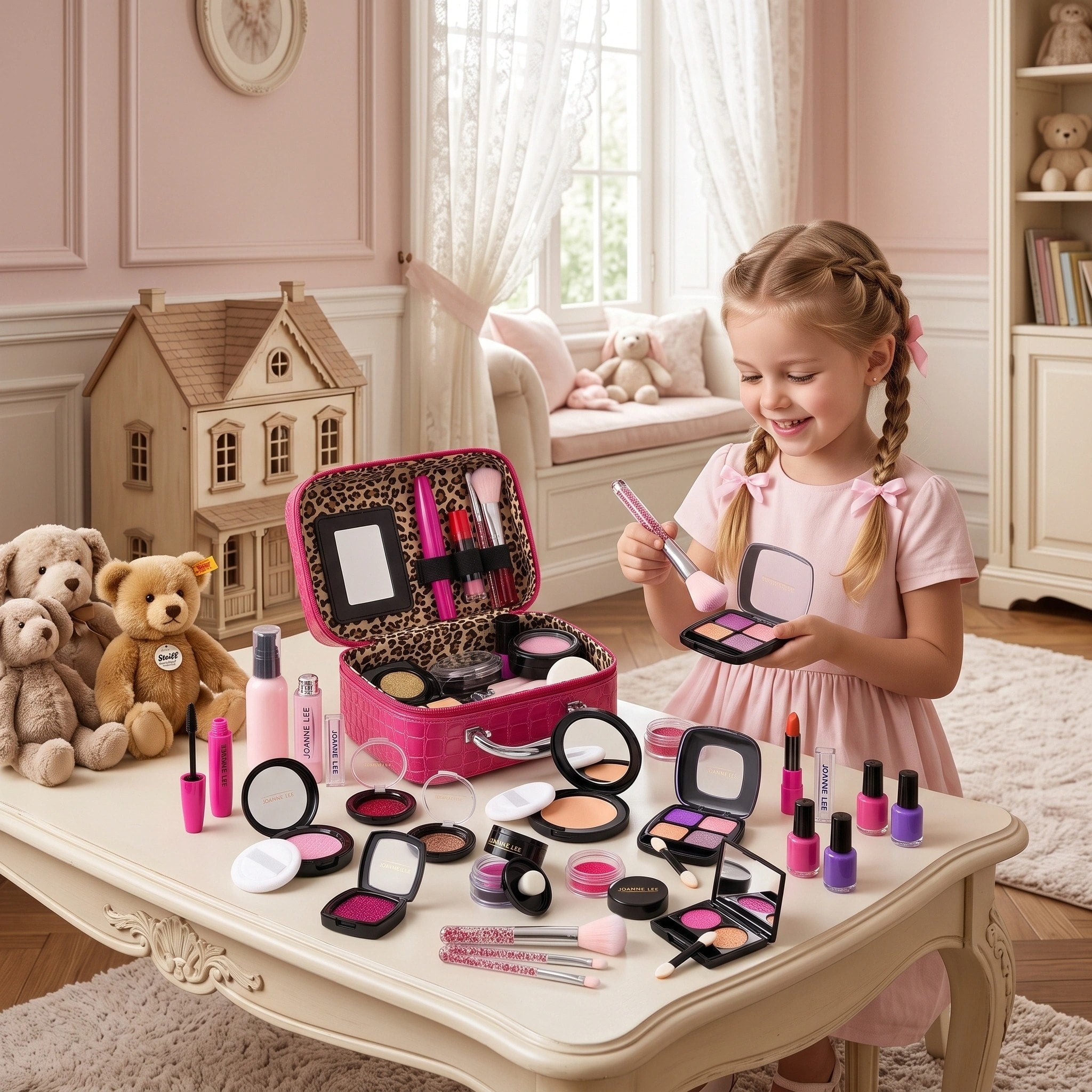 Set de maquillage jouet pour enfants avec trousse cosmétique, miroir et accessoires de beauté