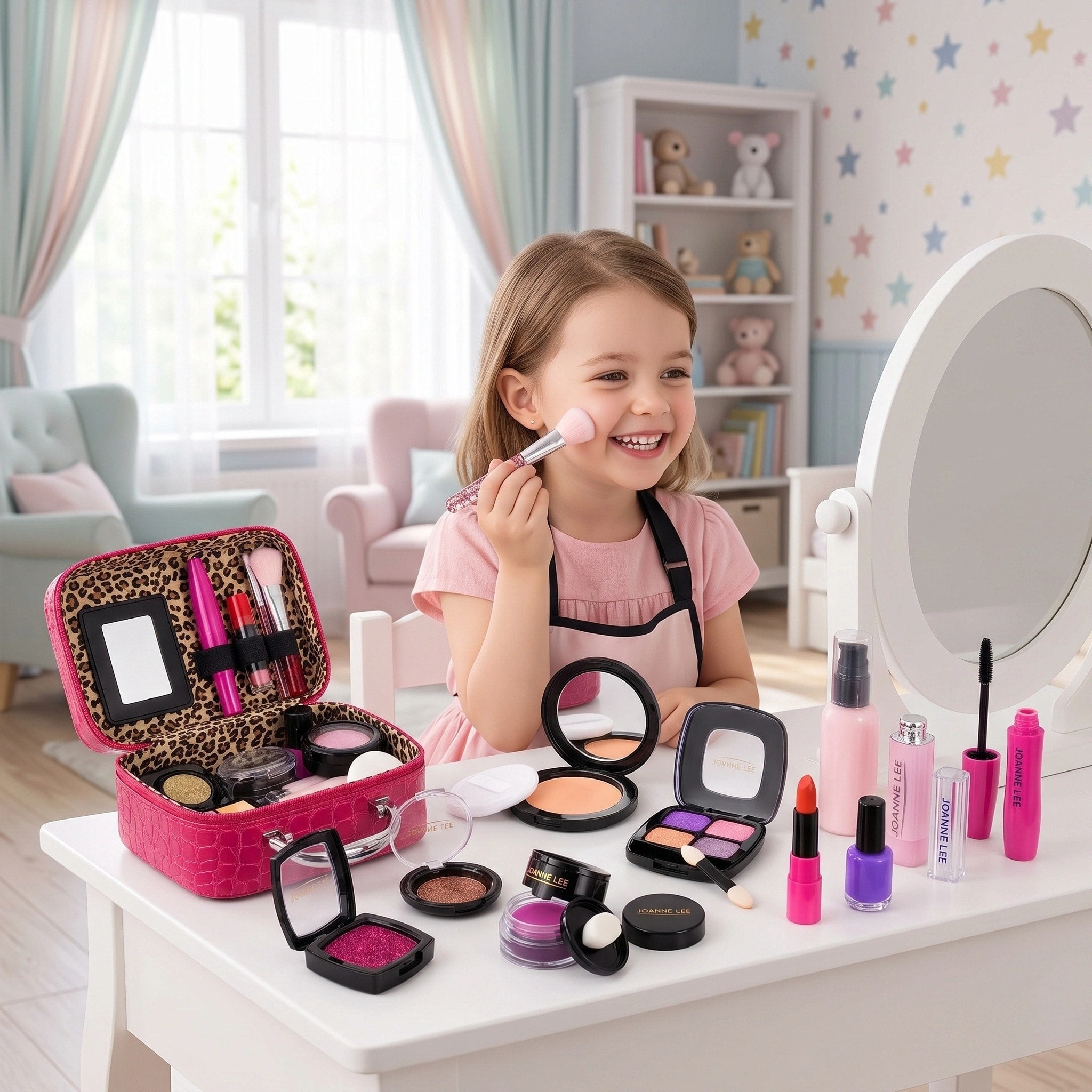 Set de maquillage jouet pour enfants avec trousse cosmétique, miroir et accessoires de beauté