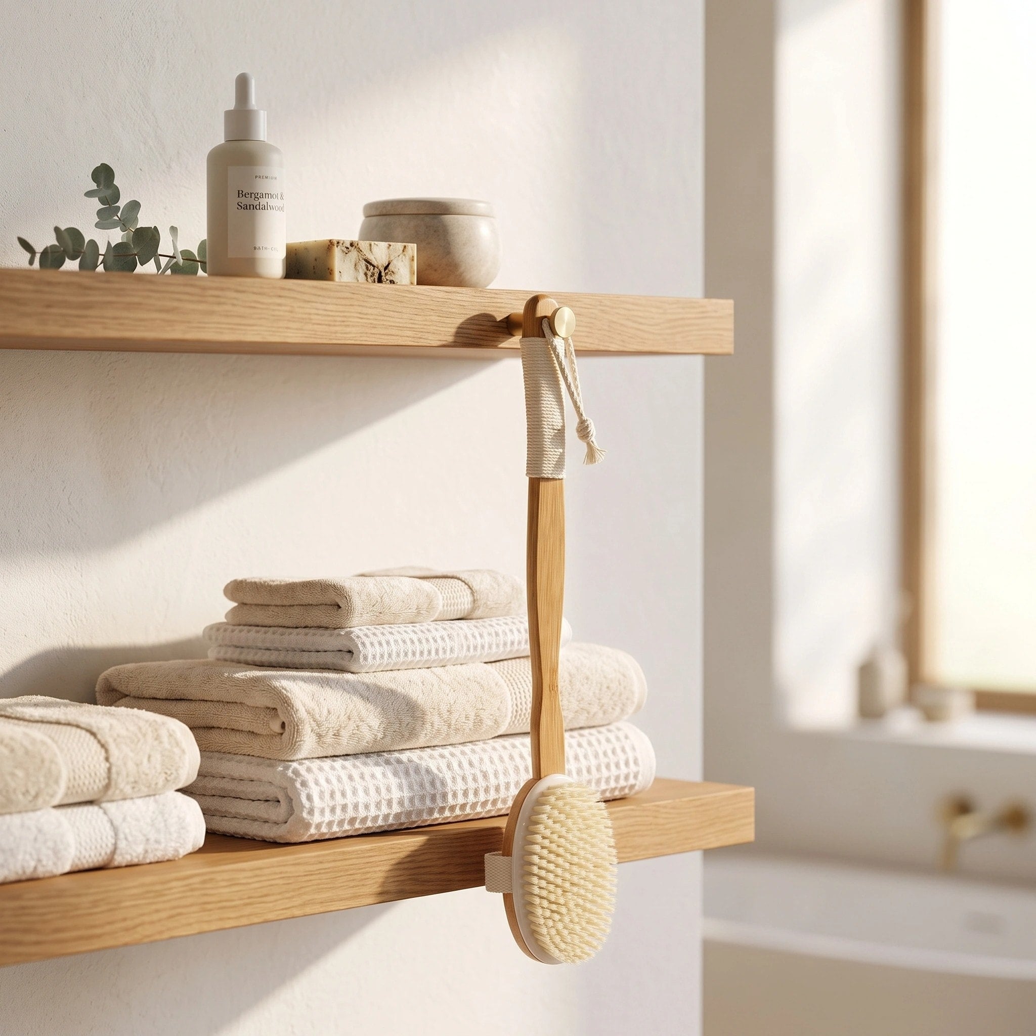 Brosse de bain à long manche avec poils naturels de sanglier et tête de brosse en bois détachable