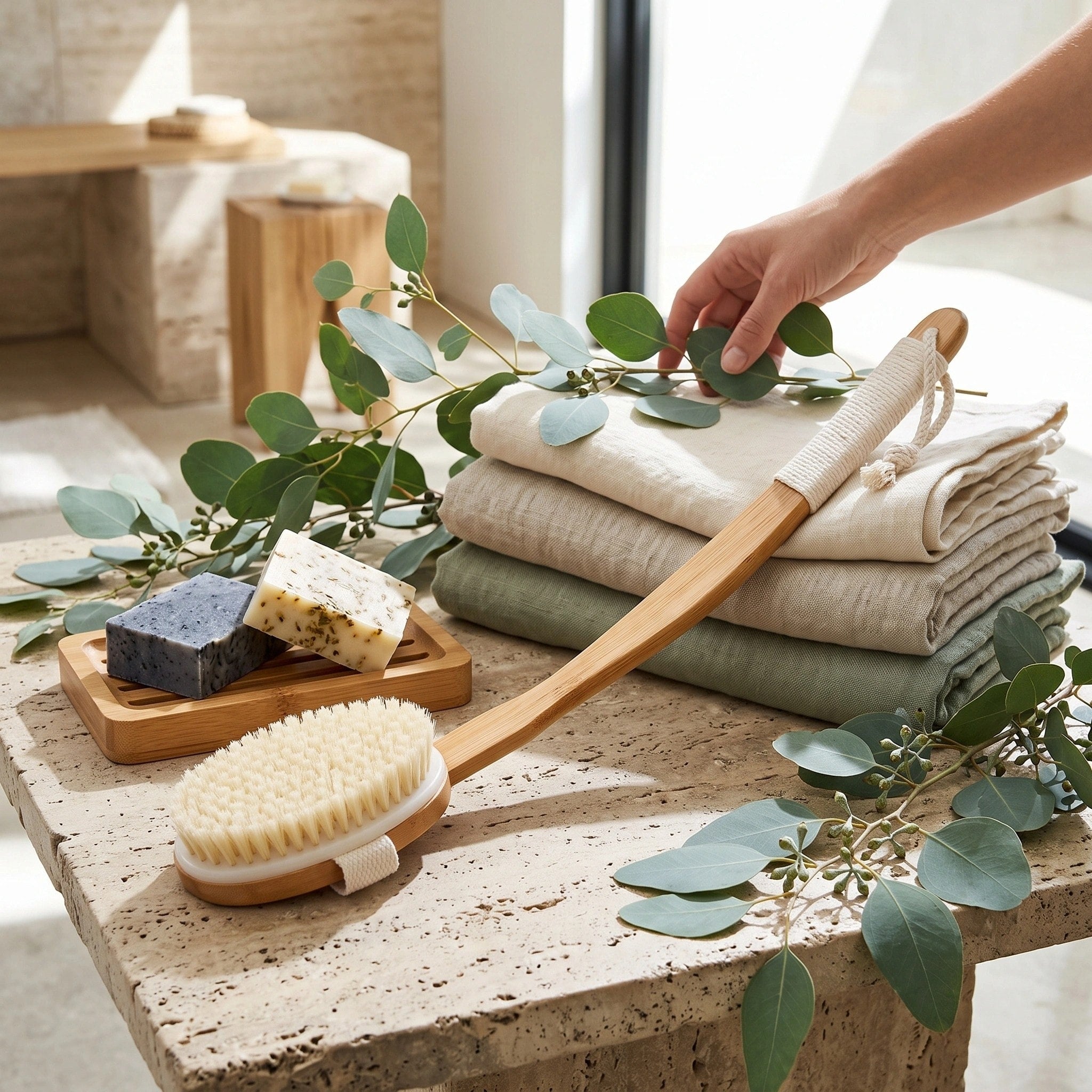 Brosse de bain à long manche avec poils naturels de sanglier et tête de brosse en bois détachable