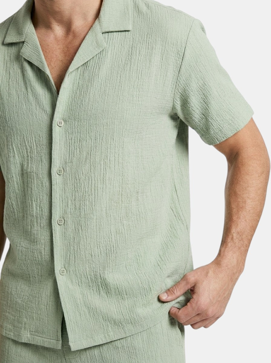 Mens Crinkle Fabric Pajama Set | Relaxed Camp Collar Shirt and Shorts for Spring/Summer 4