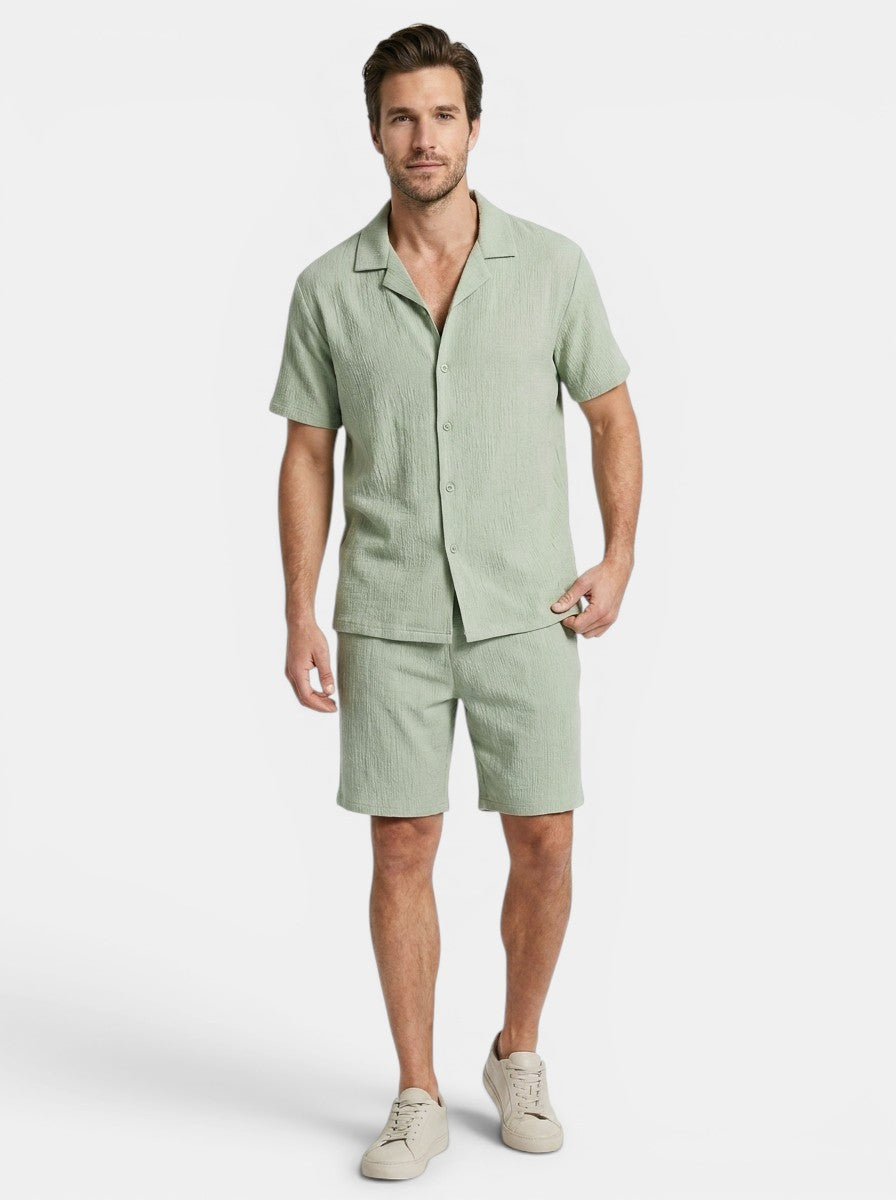 Mens Crinkle Fabric Pajama Set | Relaxed Camp Collar Shirt and Shorts for Spring/Summer 3