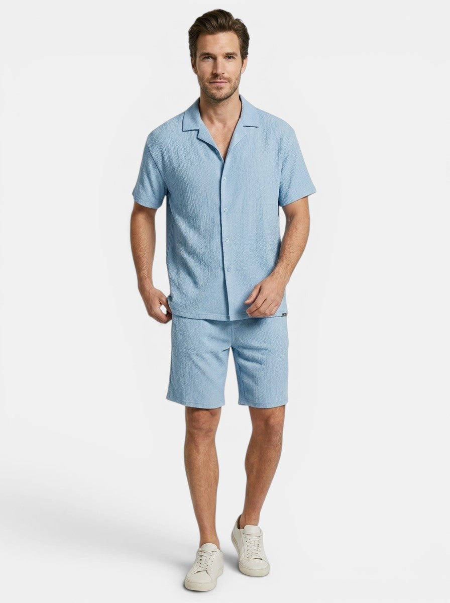 Mens Crinkle Fabric Pajama Set | Relaxed Camp Collar Shirt and Shorts for Spring/Summer 7