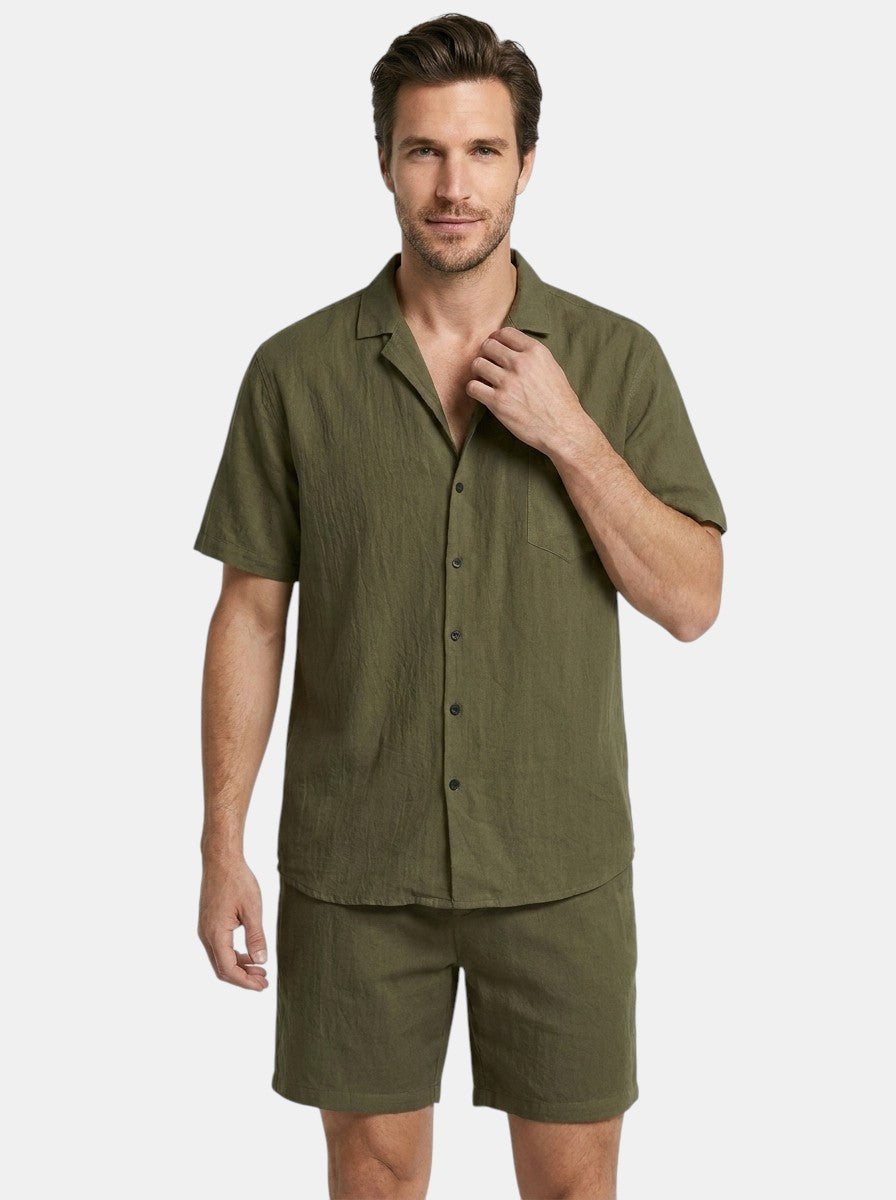 Mens Lightweight Woven Summer Set | Relaxed Fit Short Sleeve Shirt and Drawstring Shorts 11