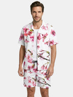 Mens Tropical Palm Print Two-Piece Summer Set | Casual Short Sleeve Shirt and Drawstring Shorts 9