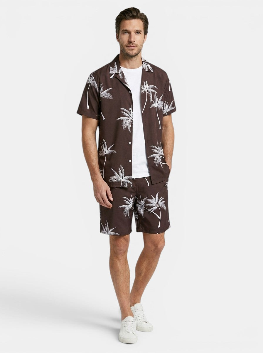 Mens Tropical Palm Print Two-Piece Summer Set | Casual Short Sleeve Shirt and Drawstring Shorts 11