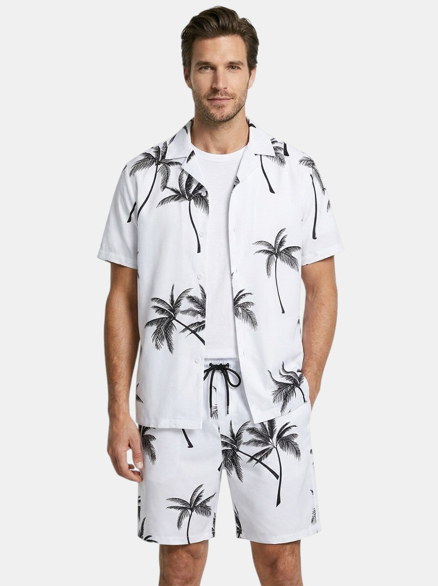 Mens Tropical Palm Print Two-Piece Summer Set | Casual Short Sleeve Shirt and Drawstring Shorts 5