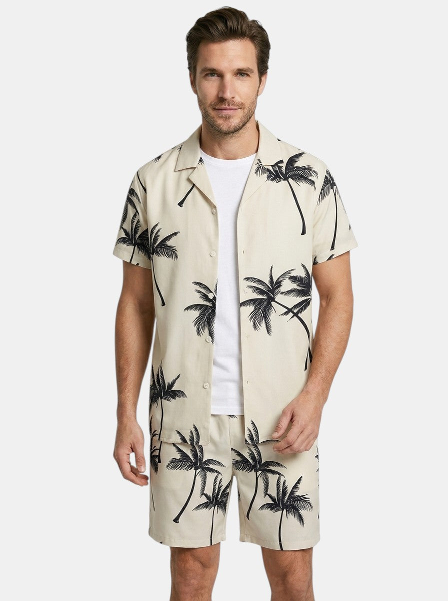 Mens Tropical Palm Print Two-Piece Summer Set | Casual Short Sleeve Shirt and Drawstring Shorts 3