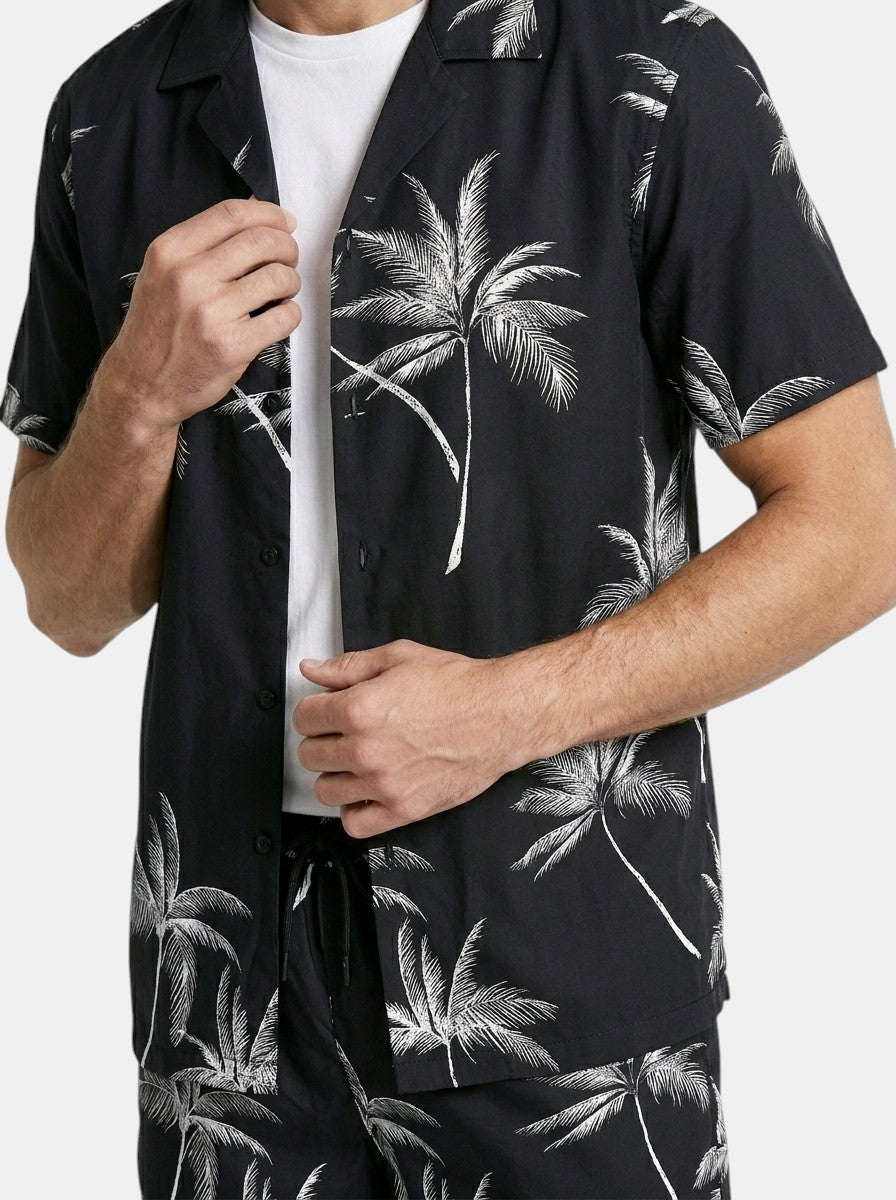 Mens Tropical Palm Print Two-Piece Summer Set | Casual Short Sleeve Shirt and Drawstring Shorts 8
