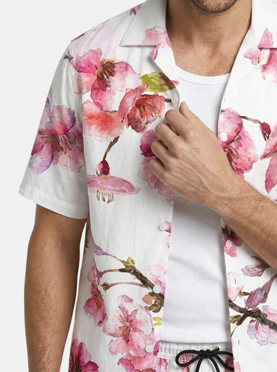 Mens Tropical Palm Print Two-Piece Summer Set | Casual Short Sleeve Shirt and Drawstring Shorts 10