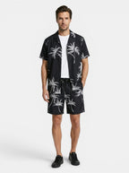 Mens Tropical Palm Print Two-Piece Summer Set | Casual Short Sleeve Shirt and Drawstring Shorts 7
