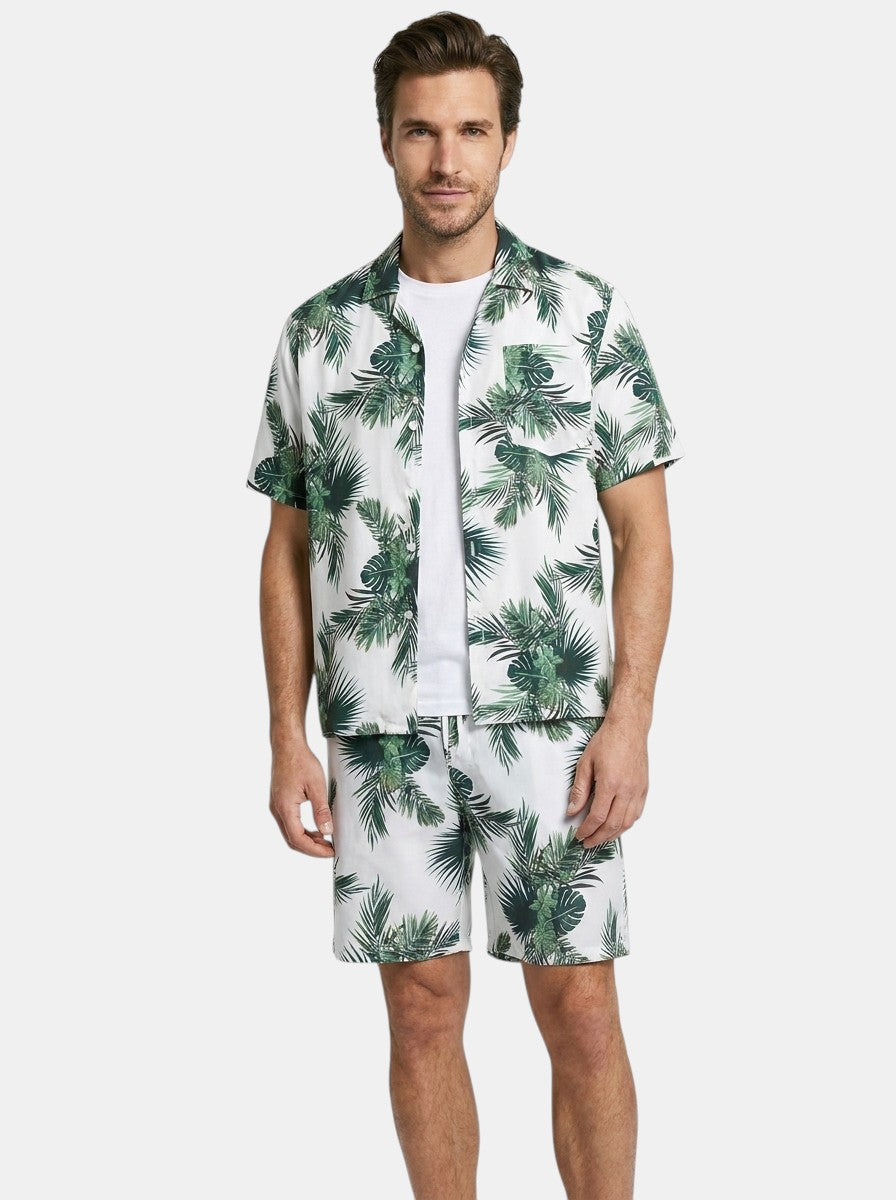 Mens Tropical Palm Print Two-Piece Summer Set | Casual Short Sleeve Shirt and Drawstring Shorts 13