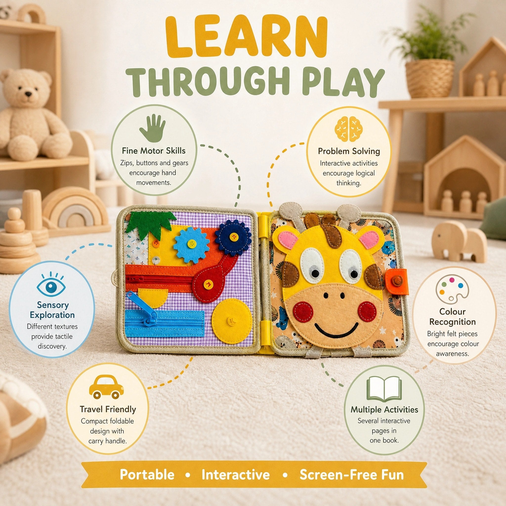 Montessori Sensory Busy Book with Interactive Learning Activities