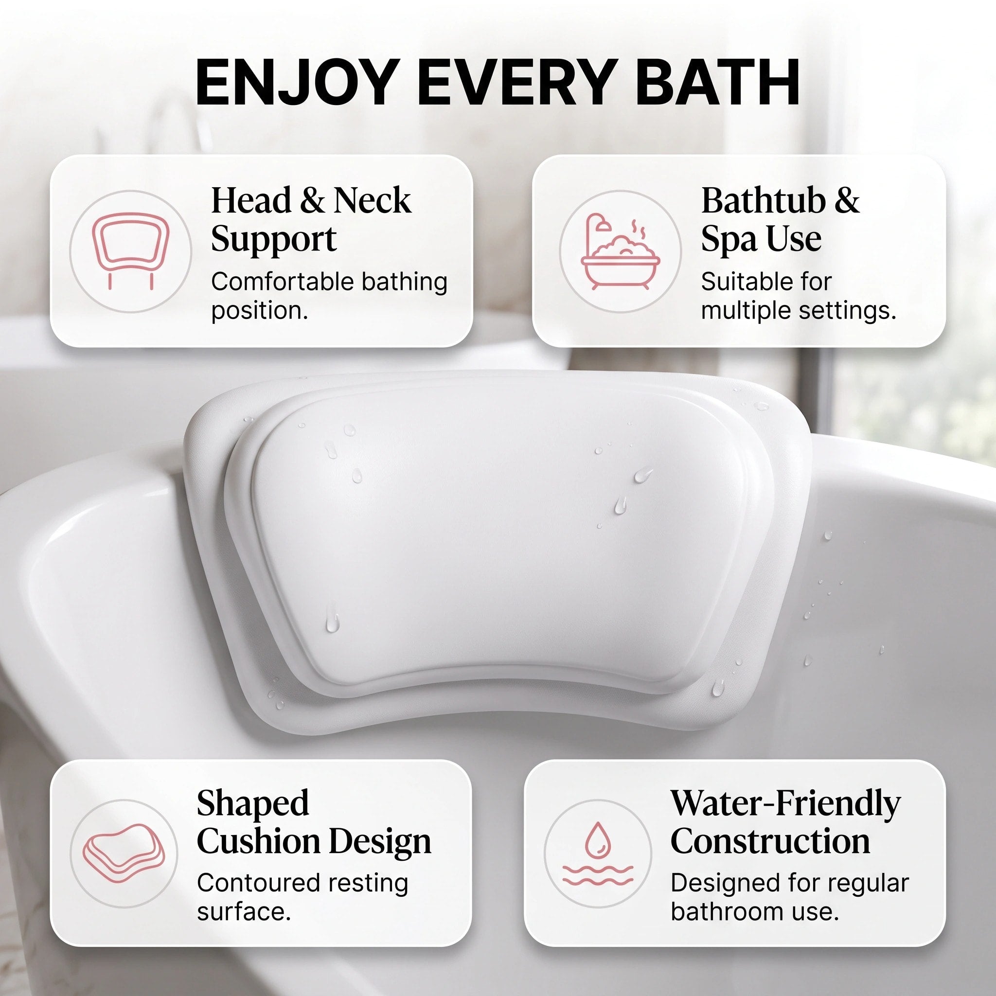 Non-Slip Bath Pillow with Waterproof Cover for Bathtub, Spa and Hot Tub