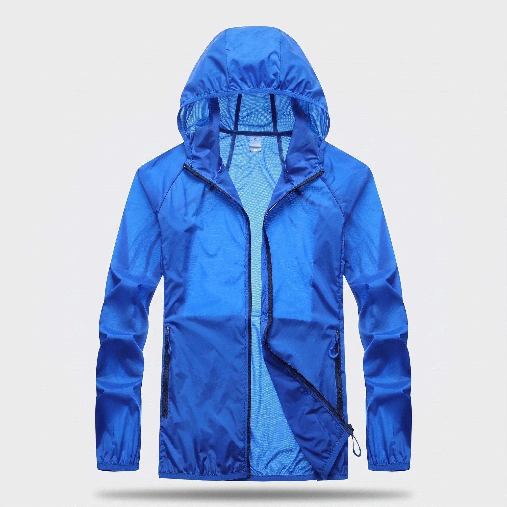 Veste pliable avec protection UV, capuche, tissu à séchage rapide et poches zippées