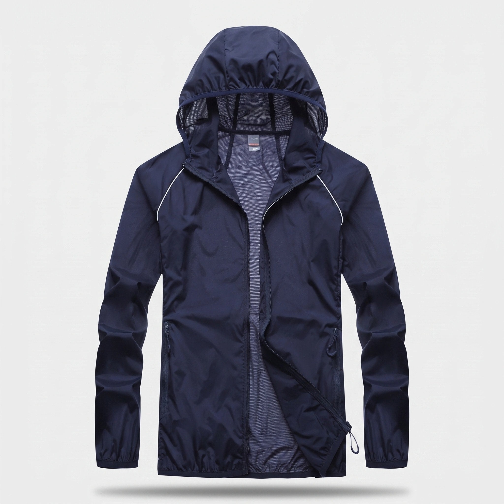Veste pliable avec protection UV, capuche, tissu à séchage rapide et poches zippées
