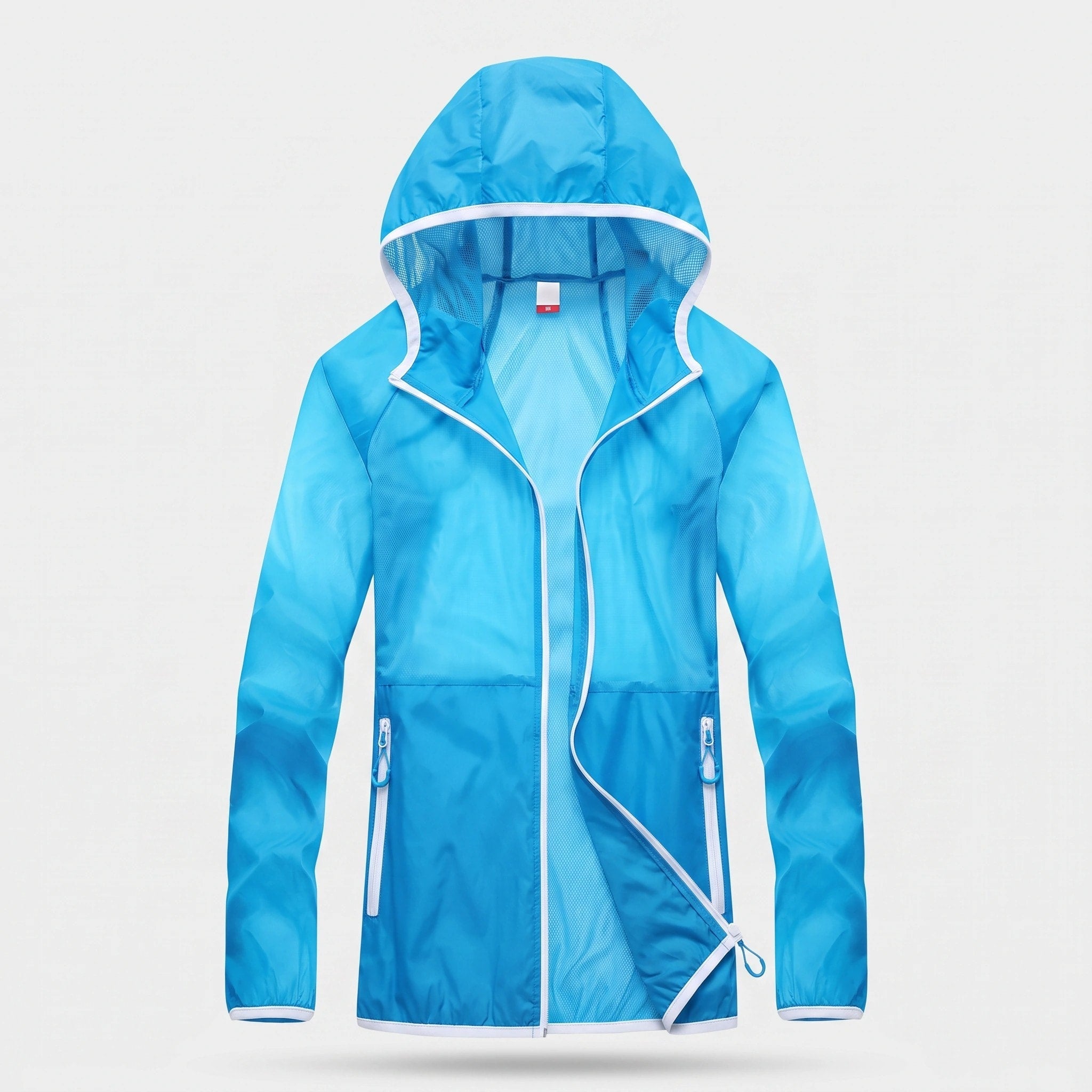 Veste pliable avec protection UV, capuche, tissu à séchage rapide et poches zippées
