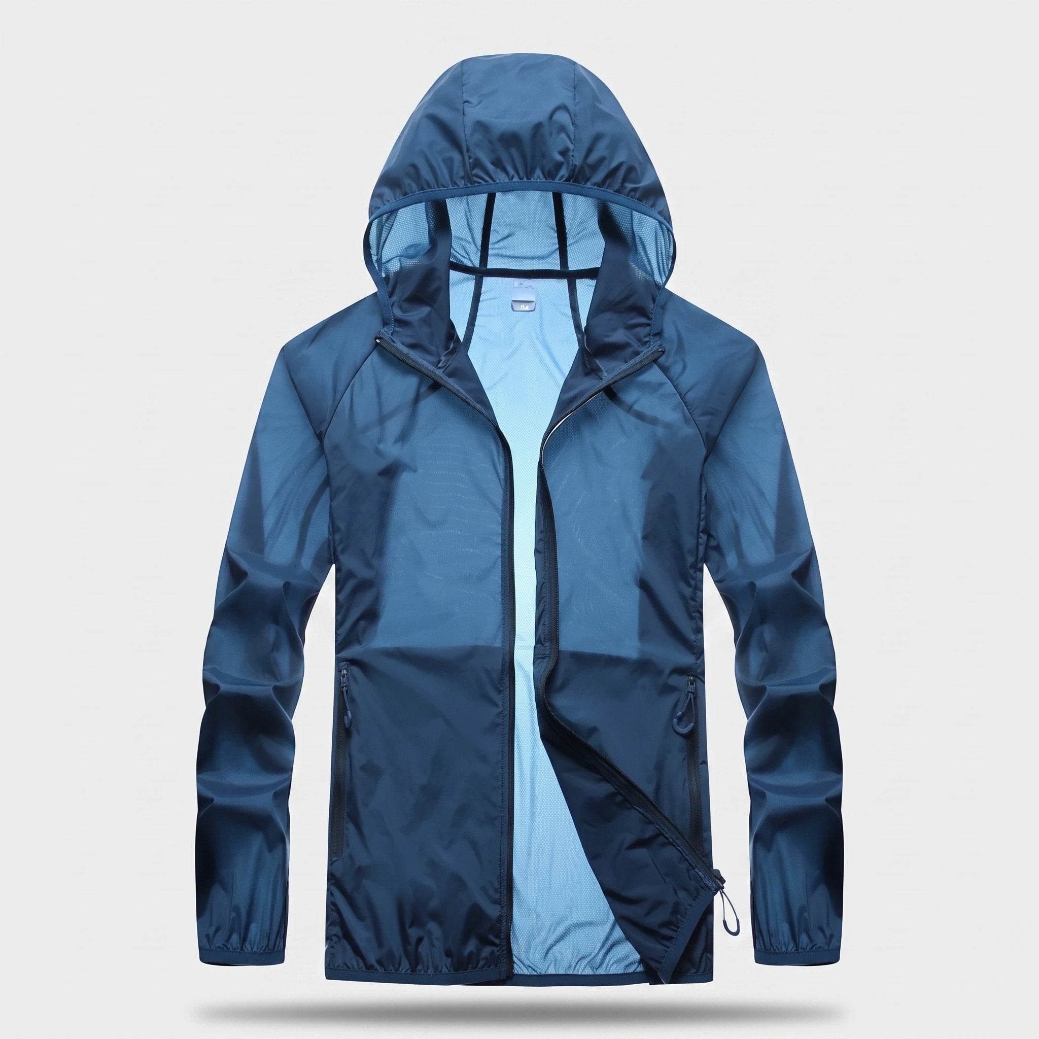 Veste pliable avec protection UV, capuche, tissu à séchage rapide et poches zippées