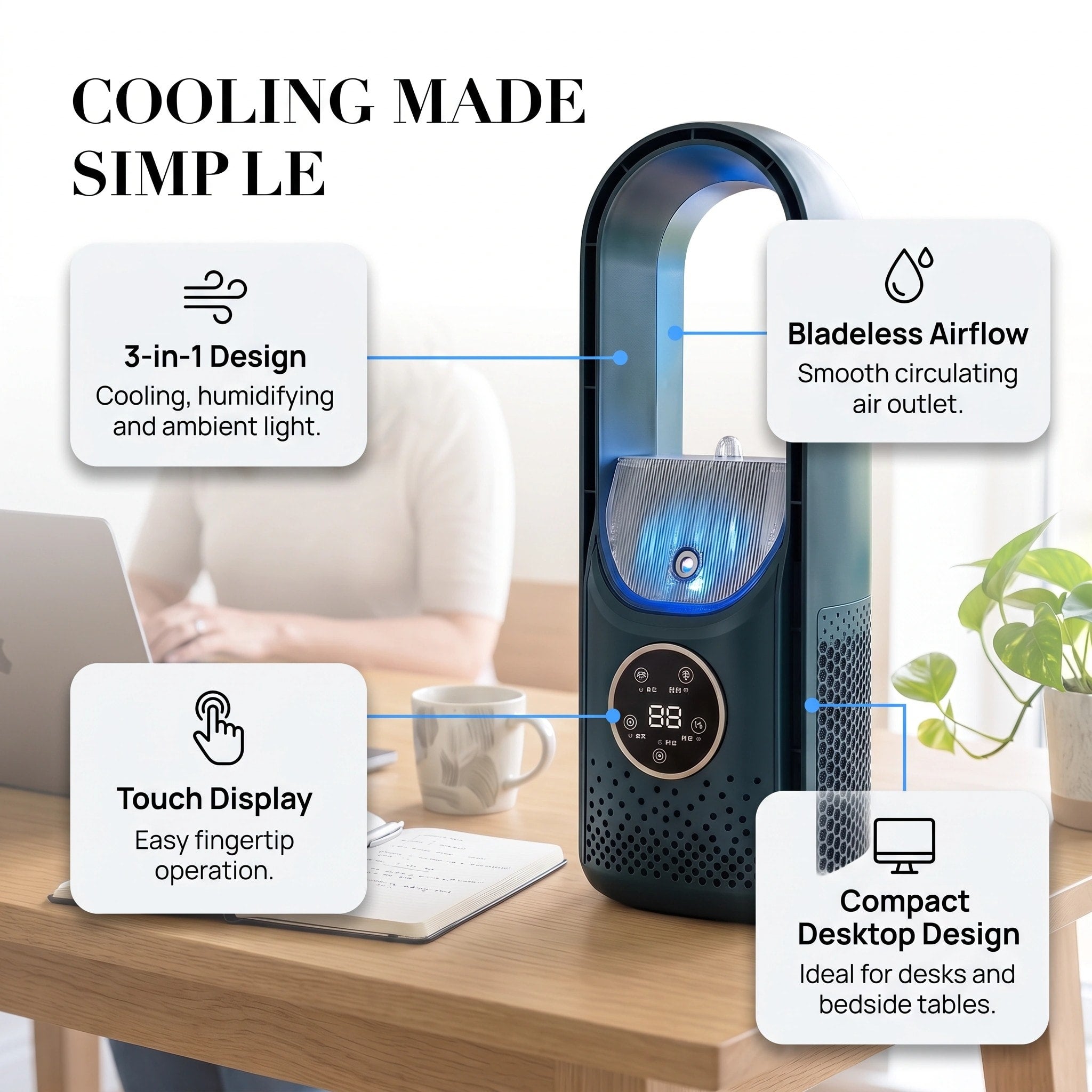 Portable Air Cooling Fan with Humidifier, 6 Speeds and Touch Display for Home