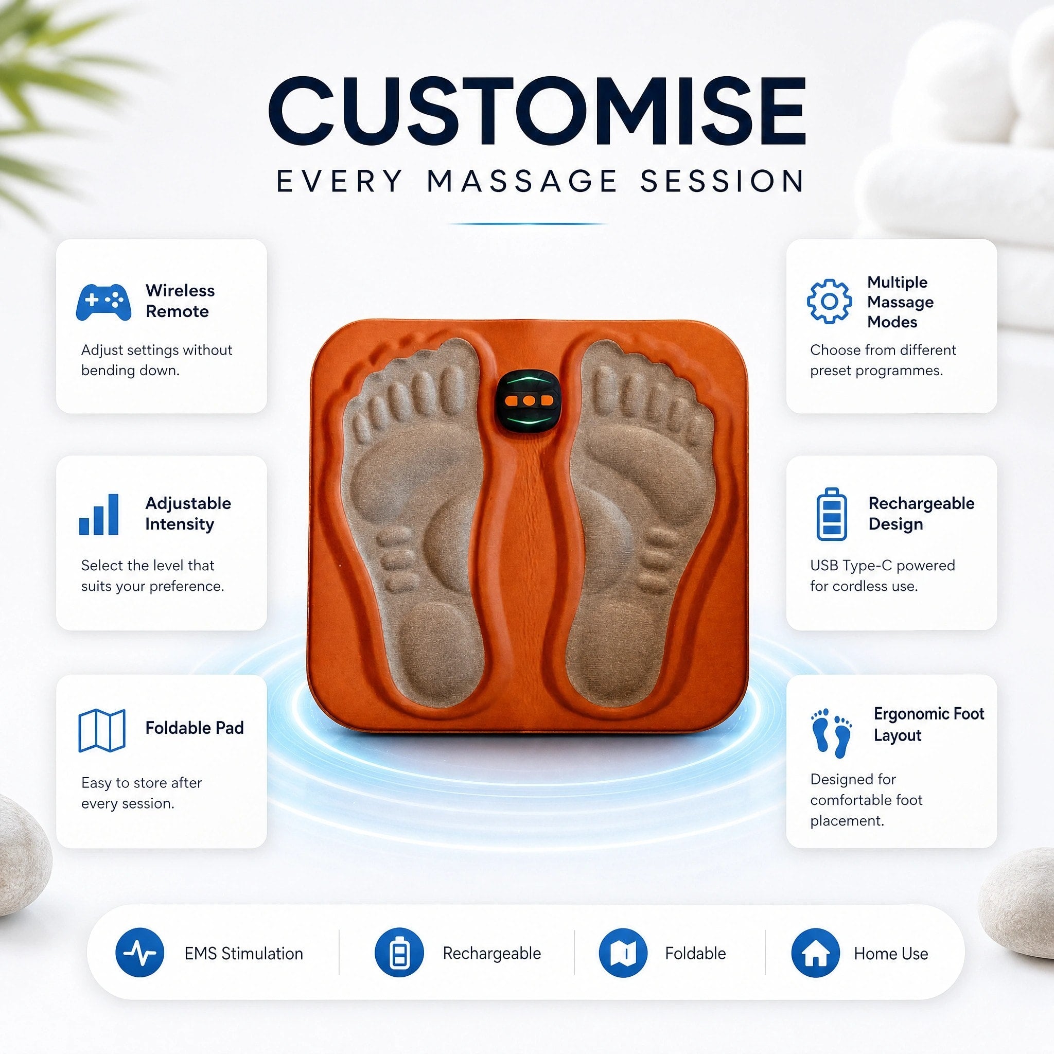 Portable Electrical Foot Stimulation Mat with Wireless Remote Control