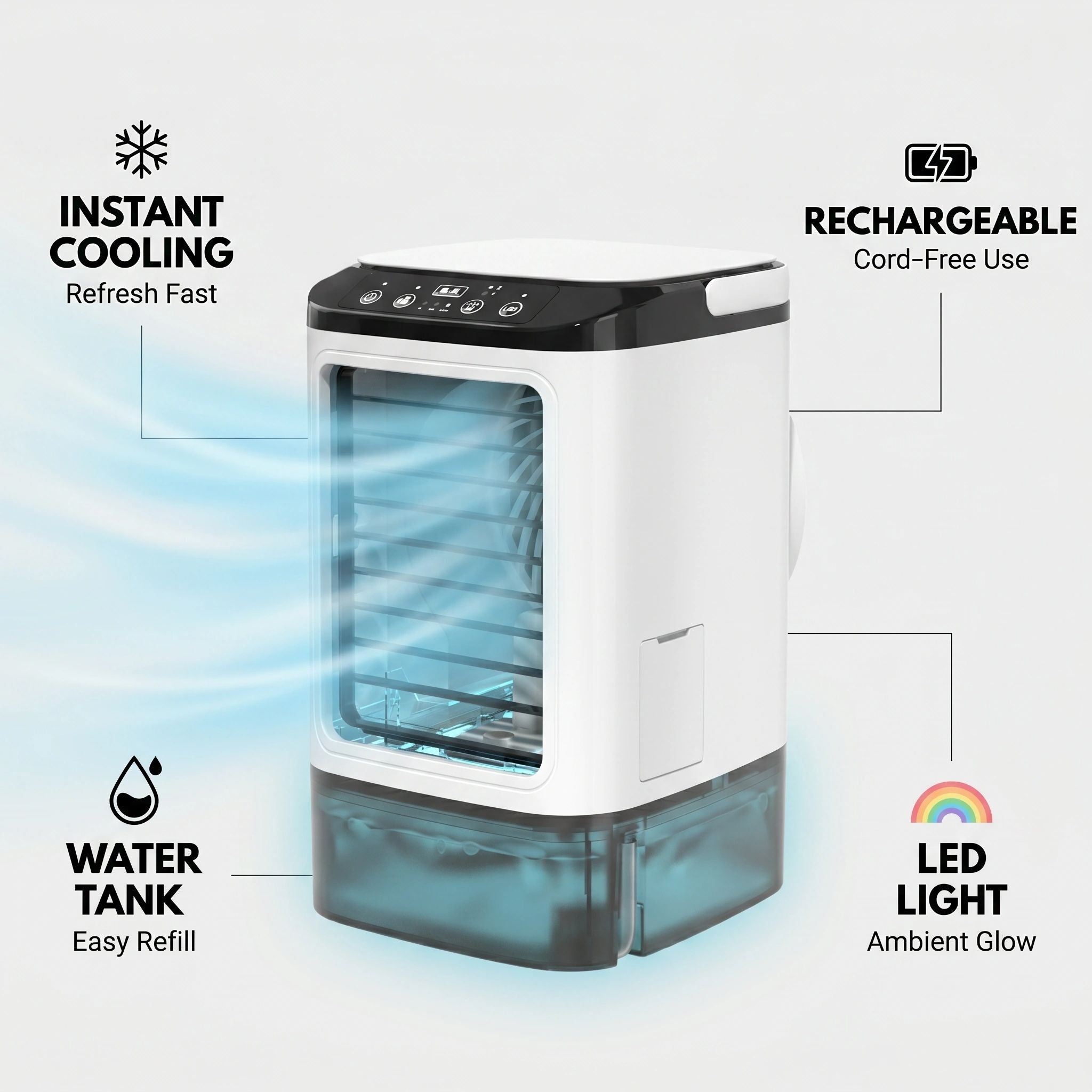 Portable Evaporative Air Cooler | Rechargeable 3-in-1 Cooling Fan with LED Light | Compact Personal Cooling Device
