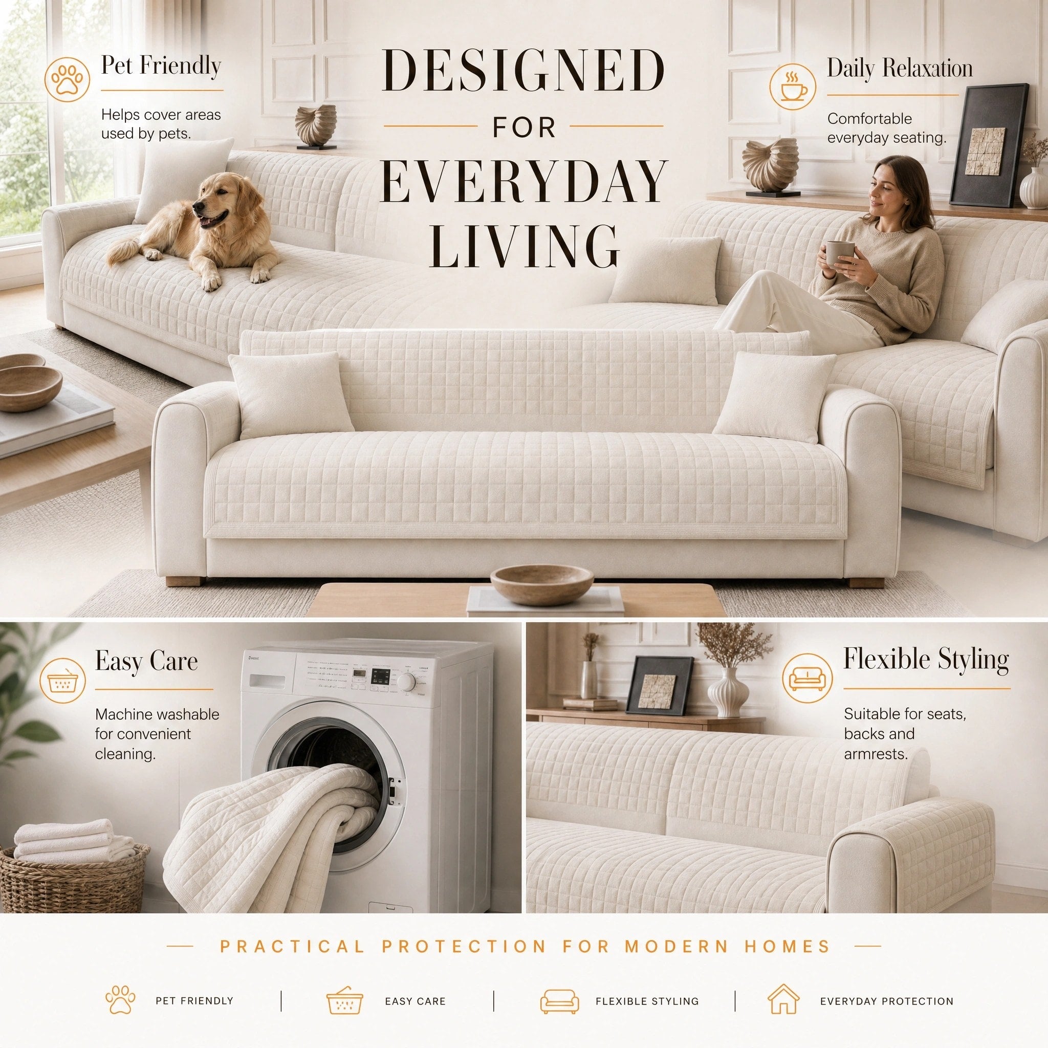 Quilted Sofa Cover for Pets with Non-Slip Design and Easy-Care Finish