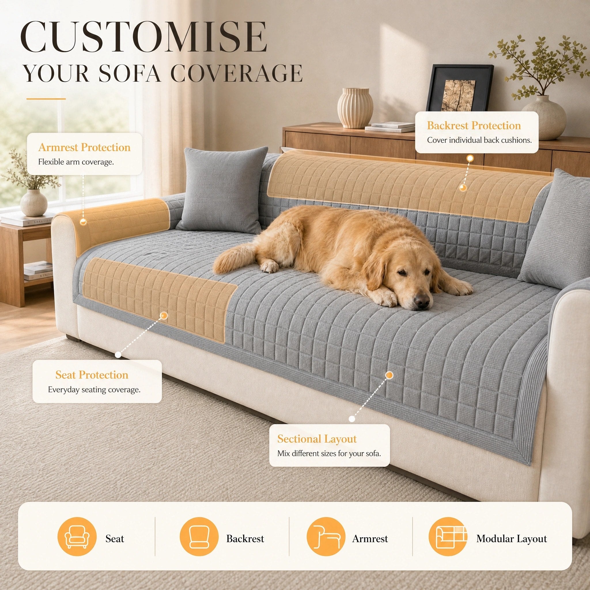 Quilted Sofa Cover for Pets with Non-Slip Design and Easy-Care Finish