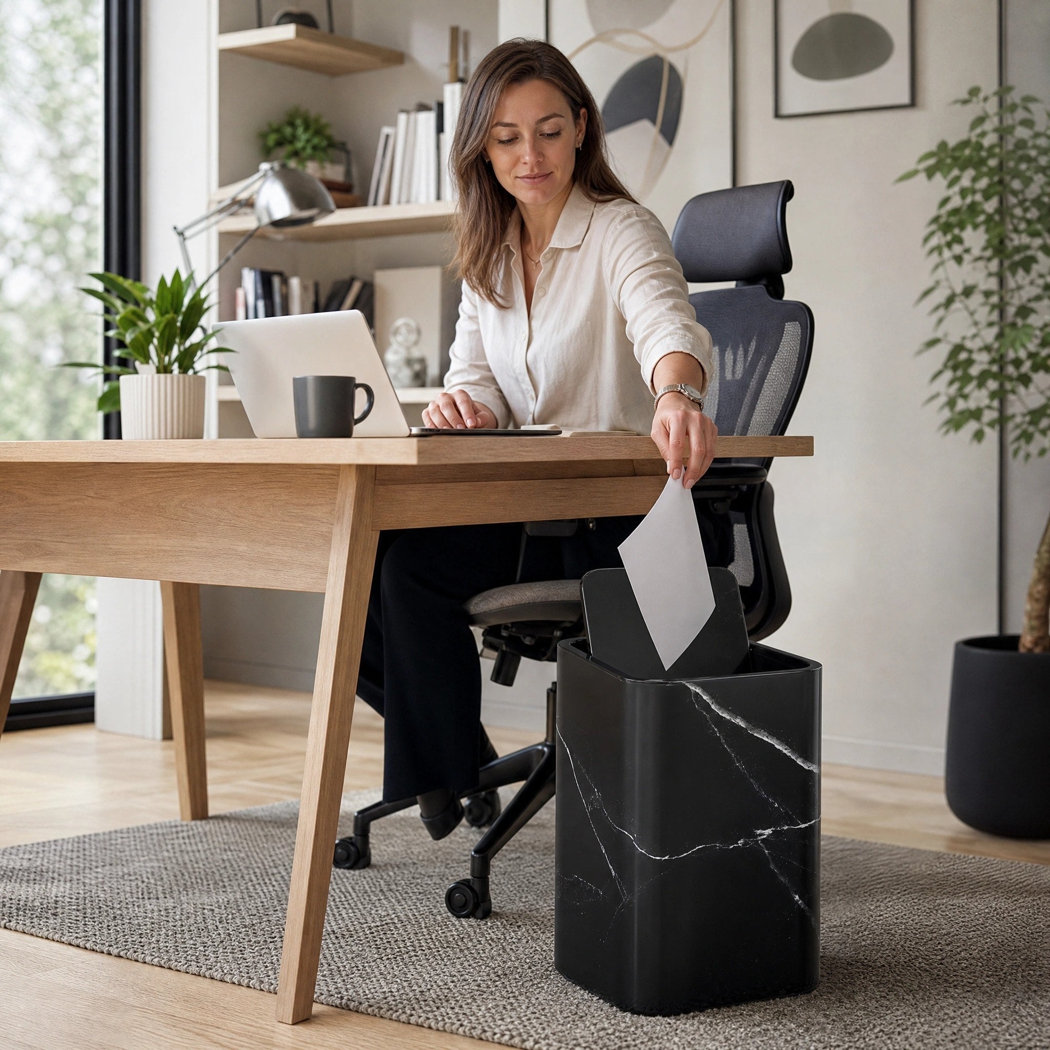 Slim Marble Effect Waste Bin with Swivel Lid for Bathroom and Home Office