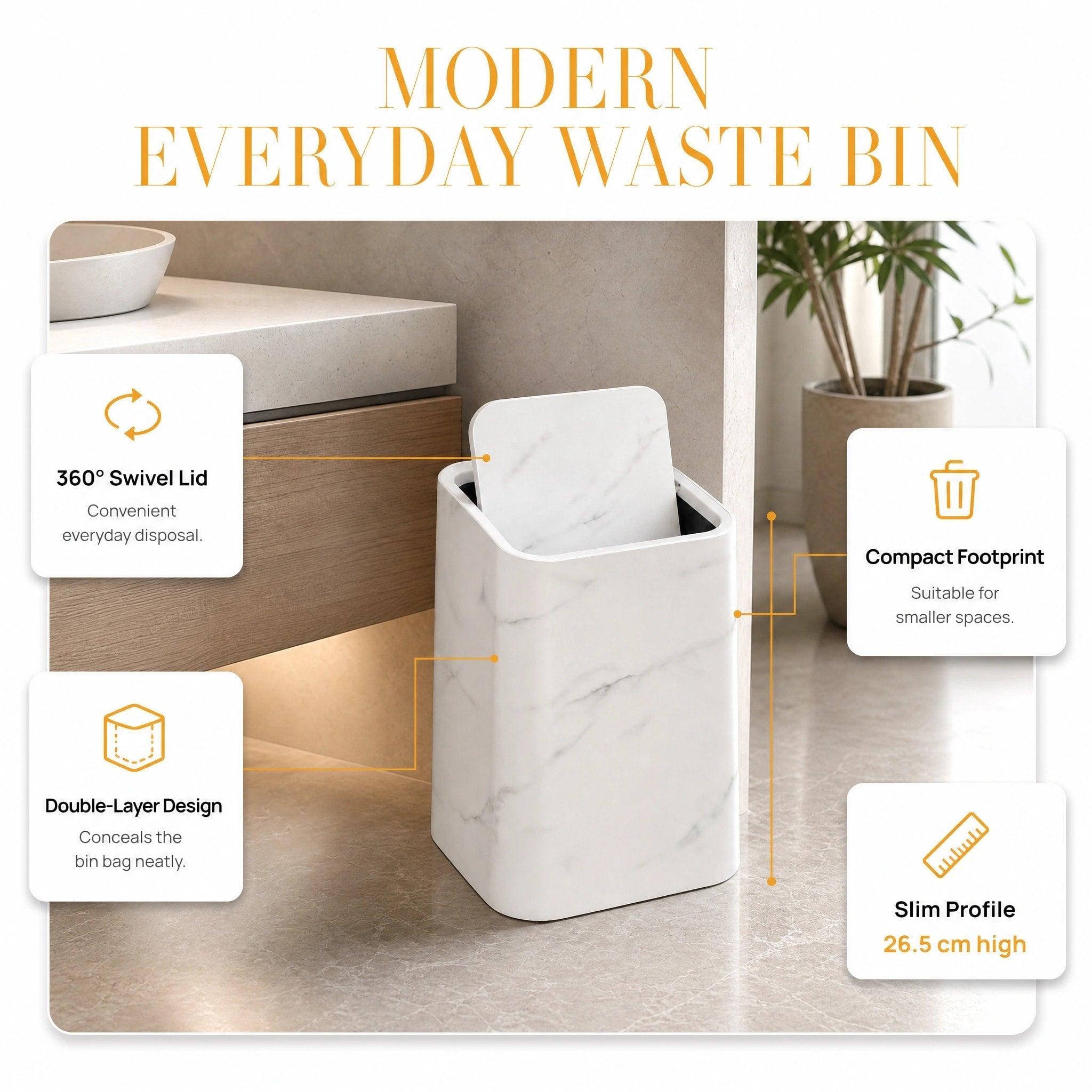 Slim Marble Effect Waste Bin with Swivel Lid for Bathroom and Home Office