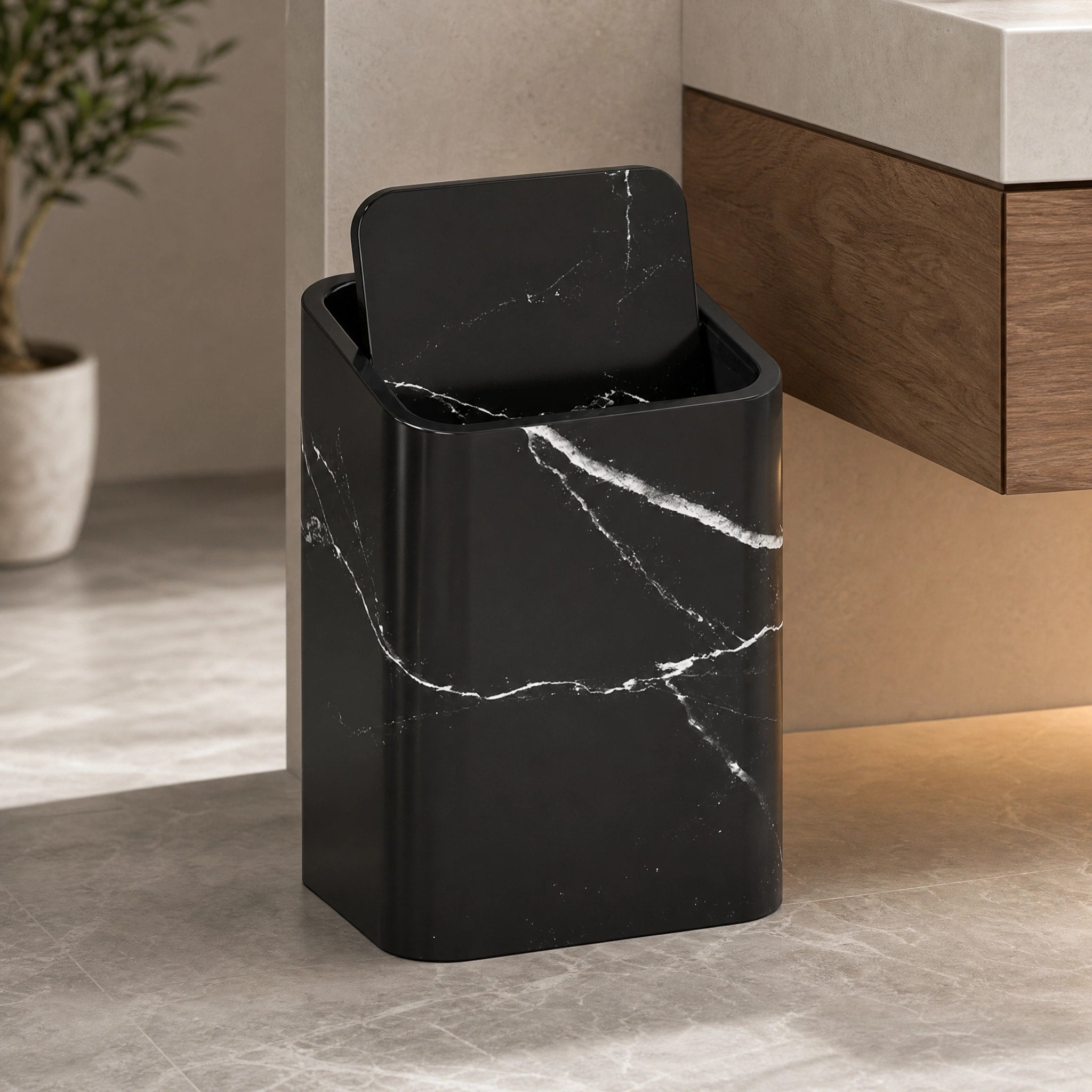Slim Marble Effect Waste Bin with Swivel Lid for Bathroom and Home Office