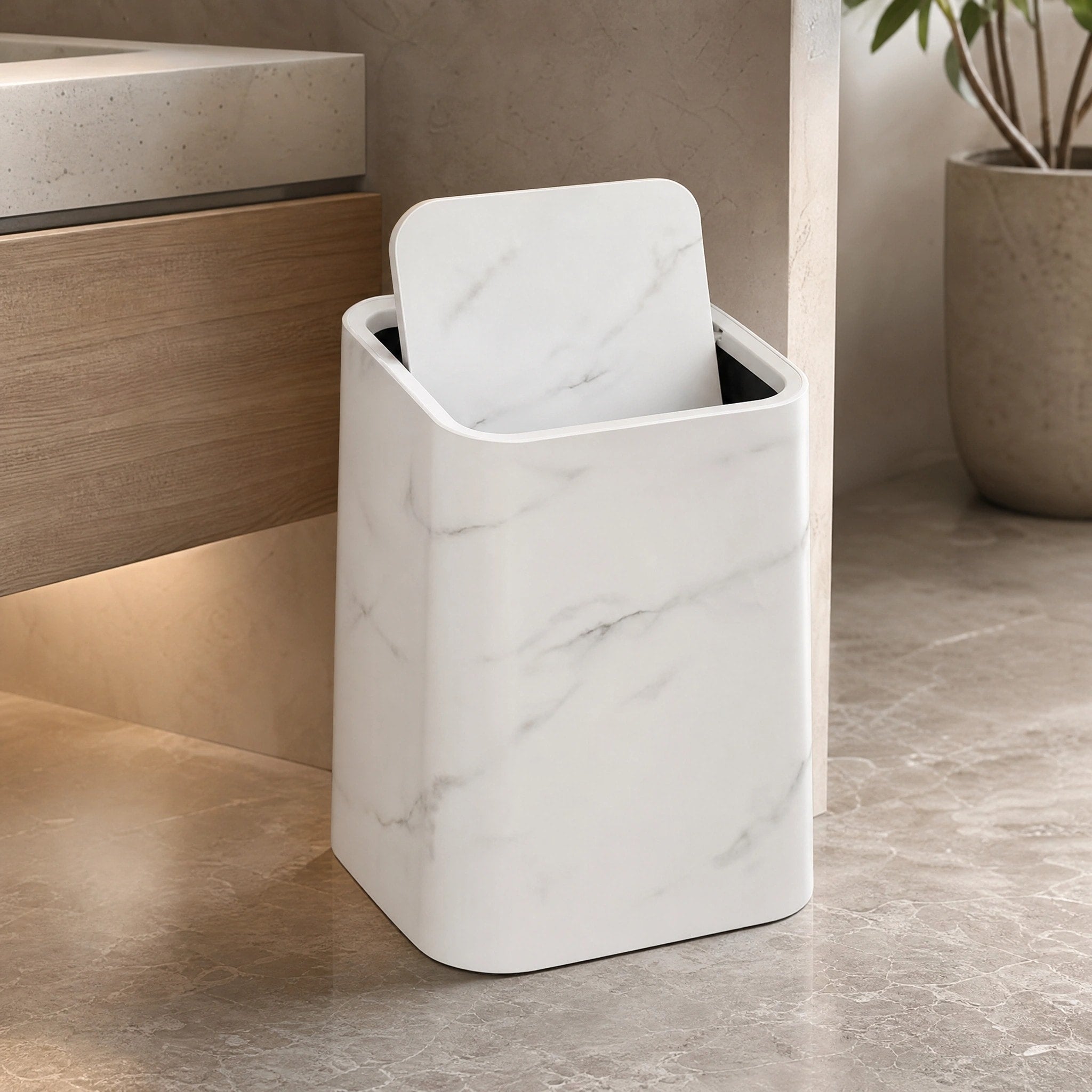 Slim Marble Effect Waste Bin with Swivel Lid for Bathroom and Home Office