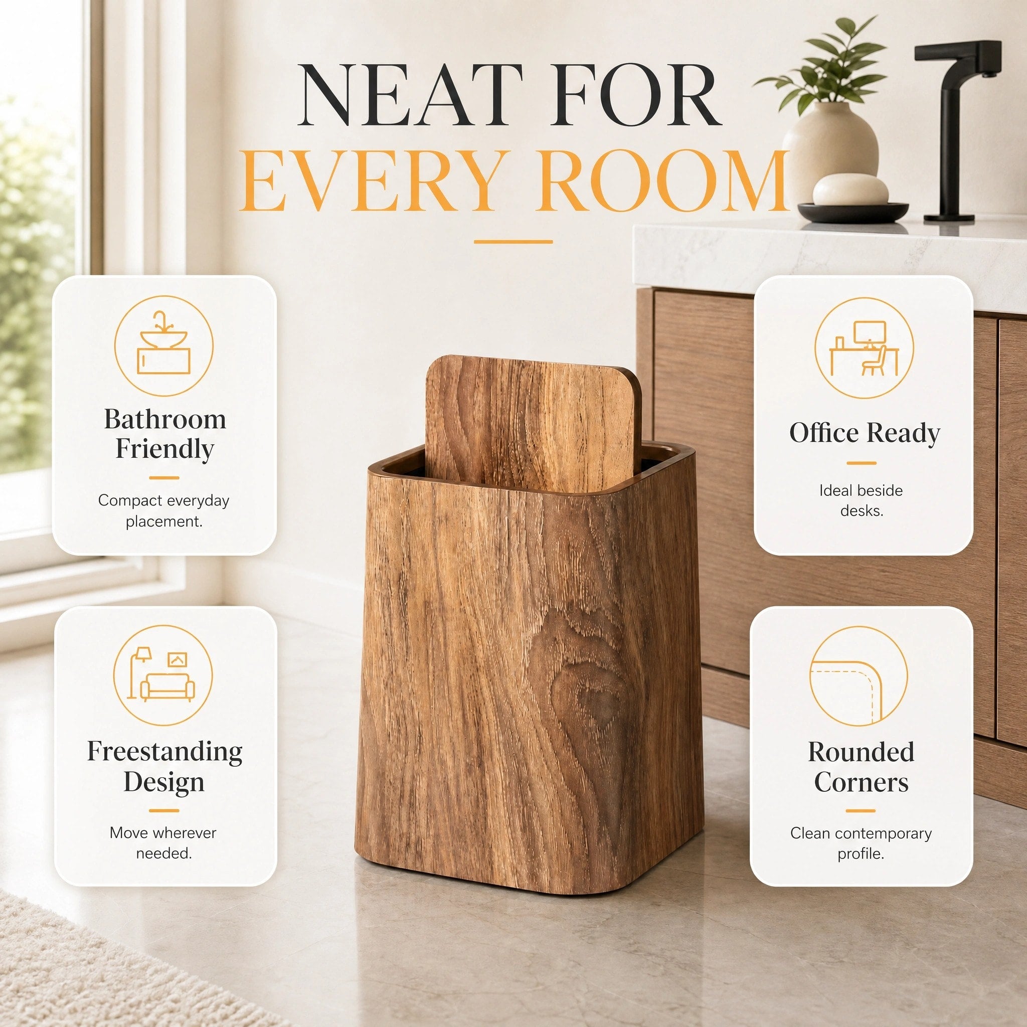 Slim Marble Effect Waste Bin with Swivel Lid for Bathroom and Home Office