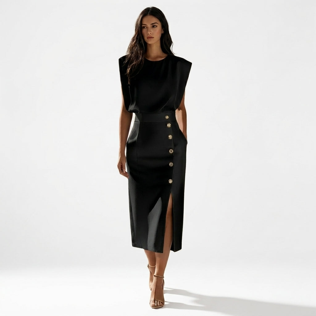 Sophia | Vestido midi elegante y entallado para mujer, sin mangas con detalle de botones laterales