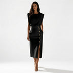 Sophia | Elegant Tailored Midi Dress for Women, Sleeveless with Side Button Detail 7