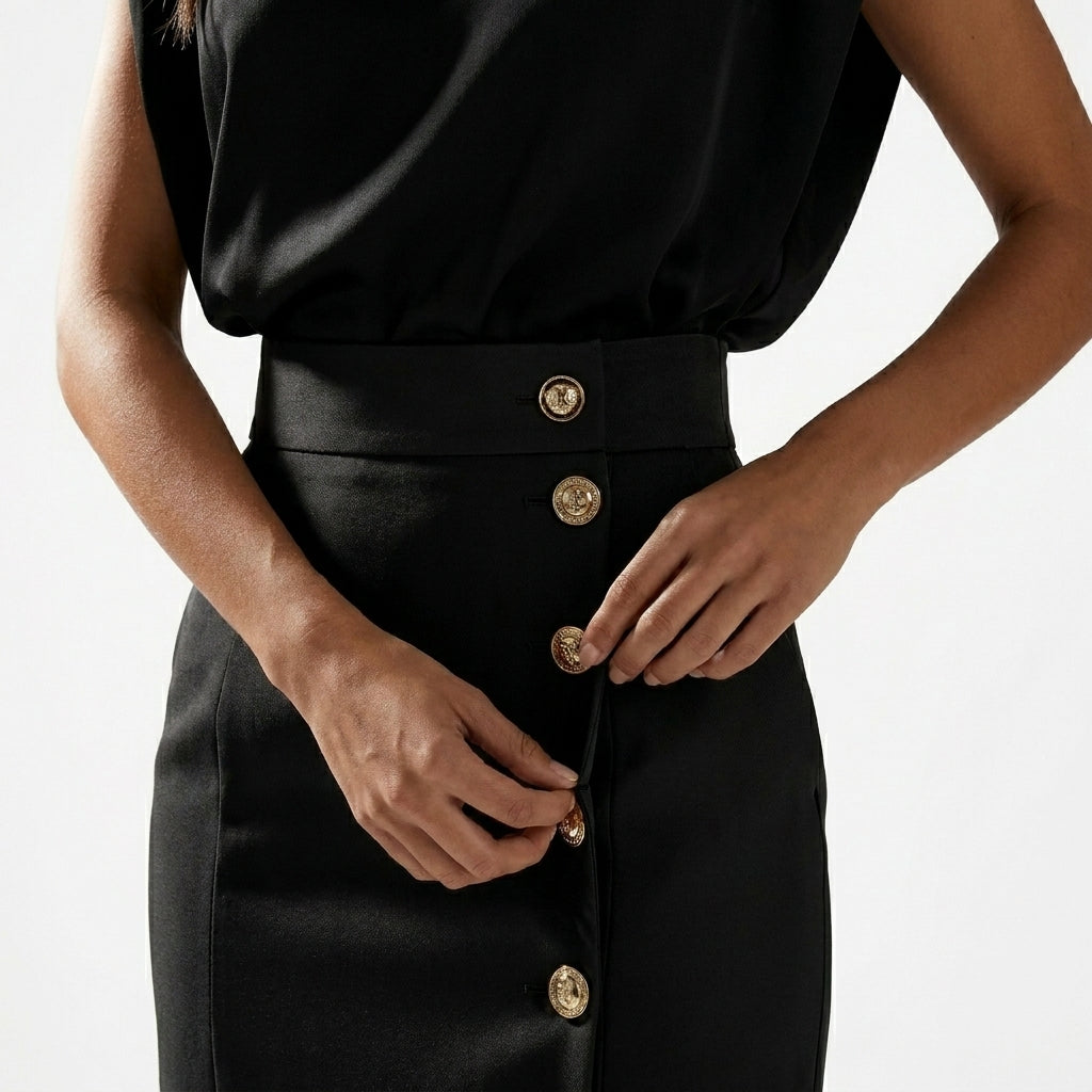 Sophia | Vestido midi elegante y entallado para mujer, sin mangas con detalle de botones laterales