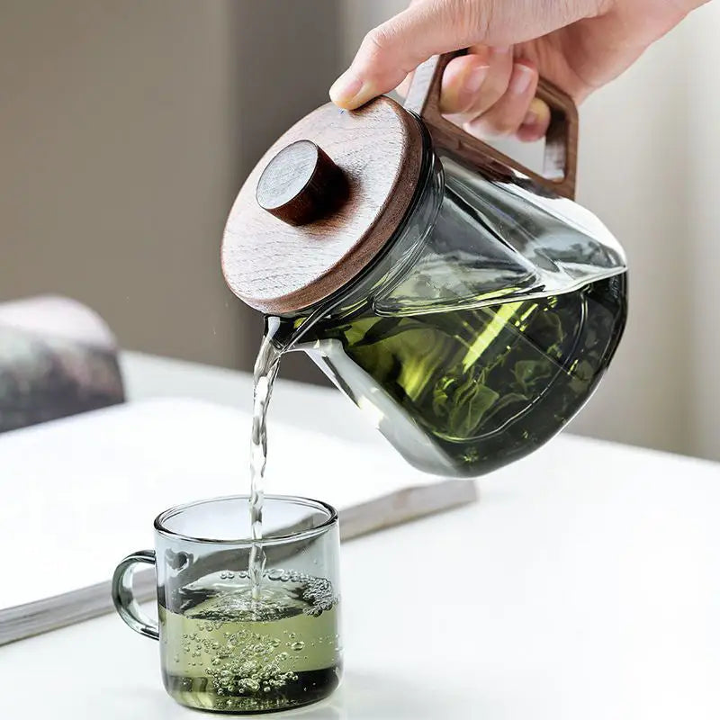 Théière en verre avec infuseur – Bois naturel & transparence