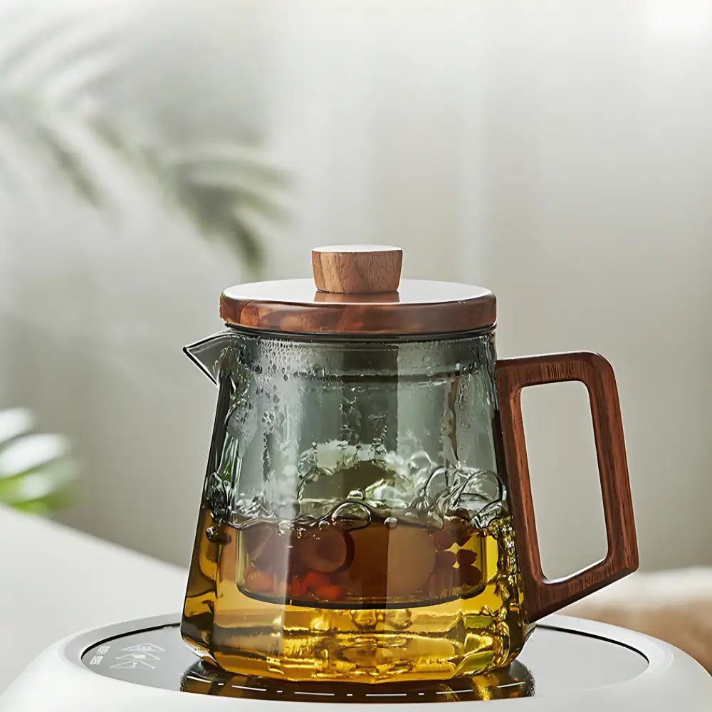 Théière en verre avec infuseur – Bois naturel & transparence