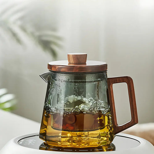 Théière en verre avec infuseur – Bois naturel & transparence