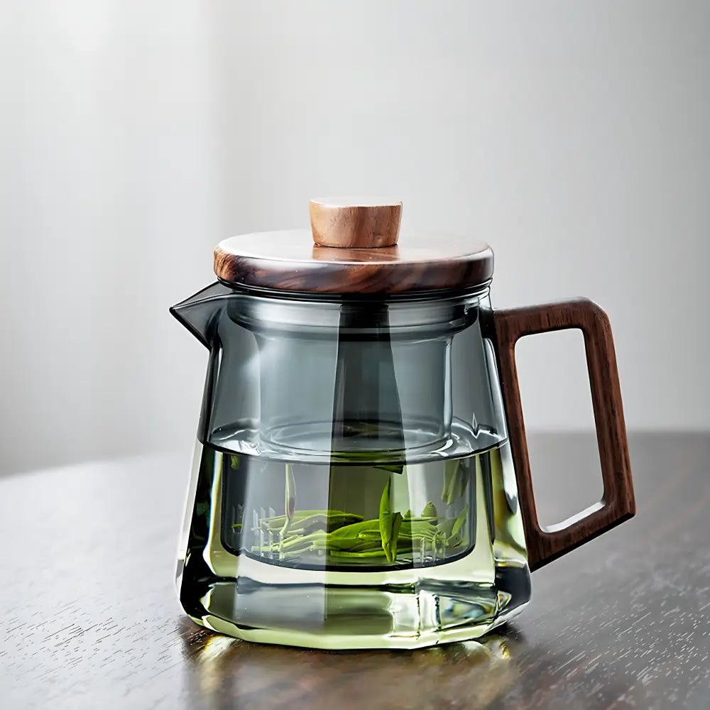 Théière en verre avec infuseur – Bois naturel & transparence