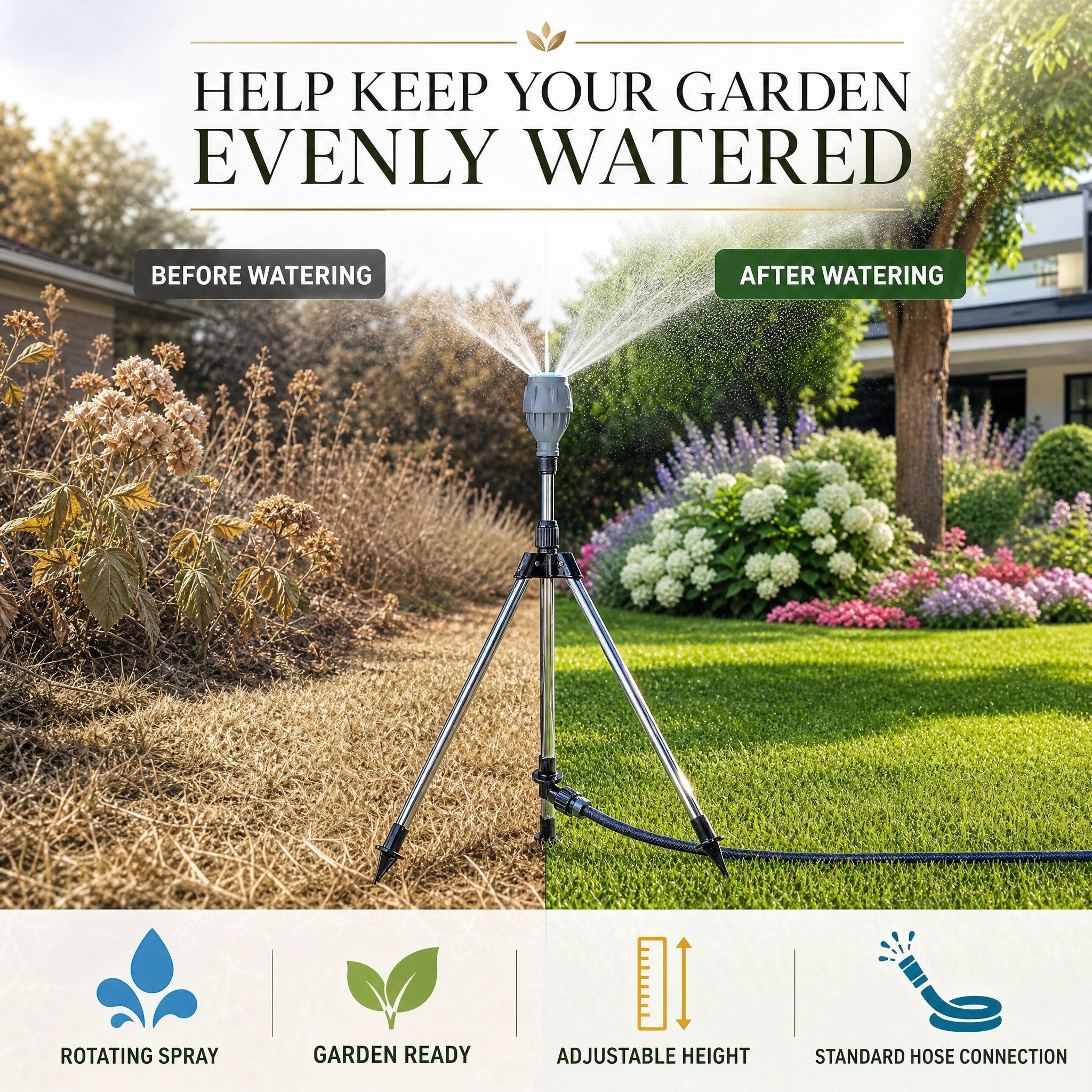 Tripod Lawn Sprinkler with Height Adjustable Rotating Spray Nozzle