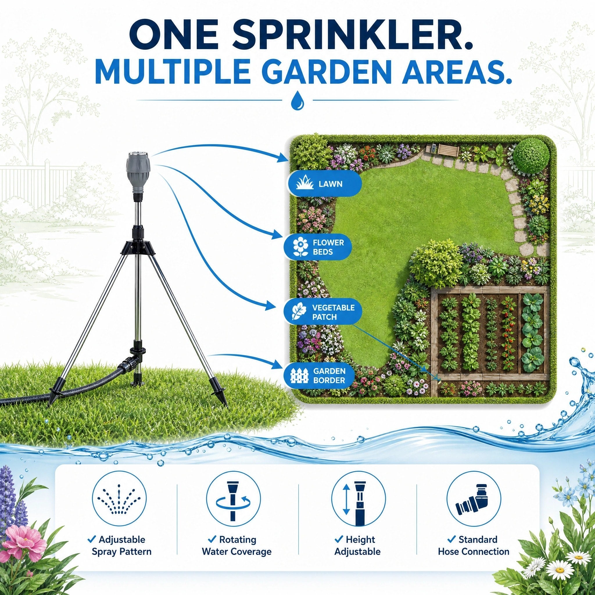 Tripod Lawn Sprinkler with Height Adjustable Rotating Spray Nozzle