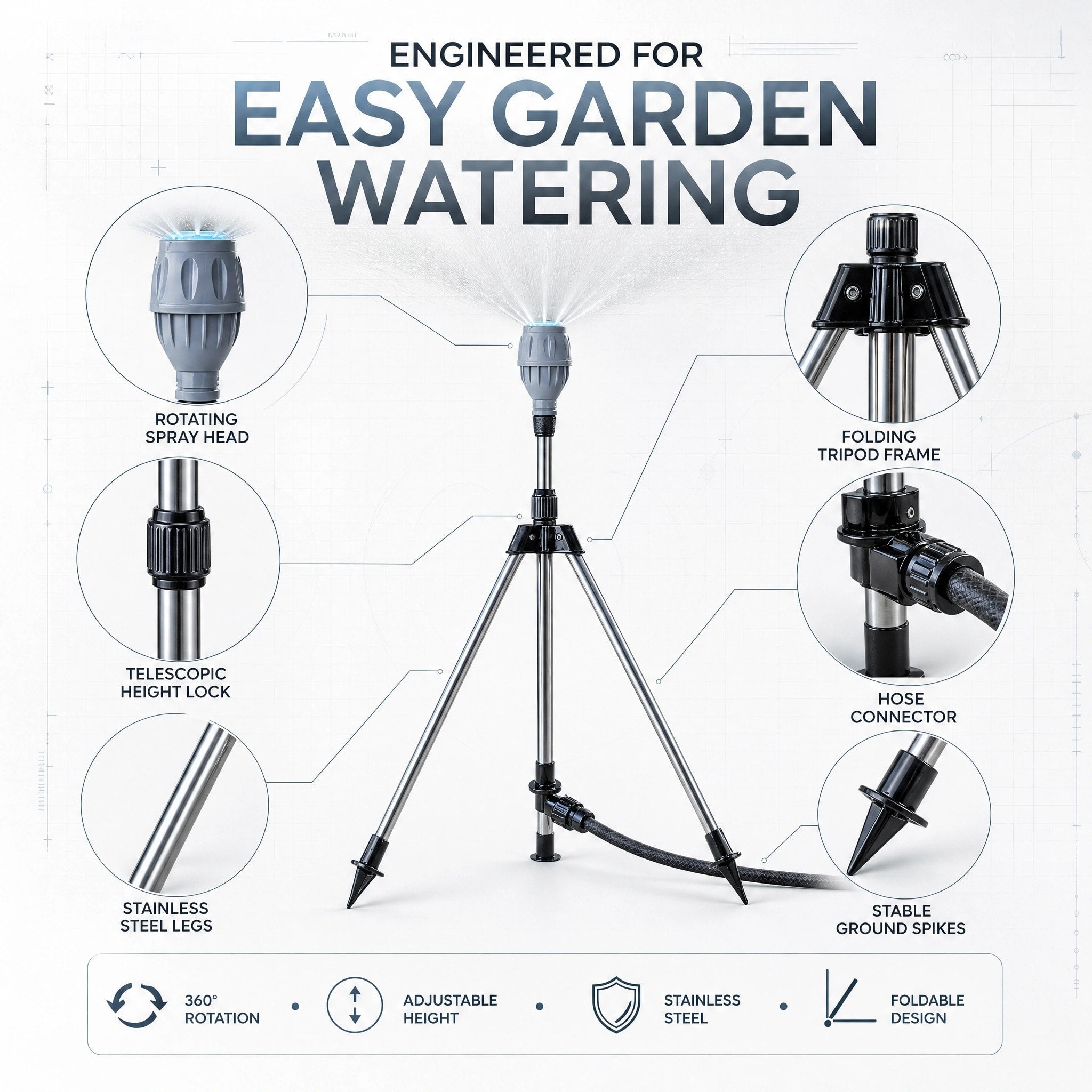 Tripod Lawn Sprinkler with Height Adjustable Rotating Spray Nozzle