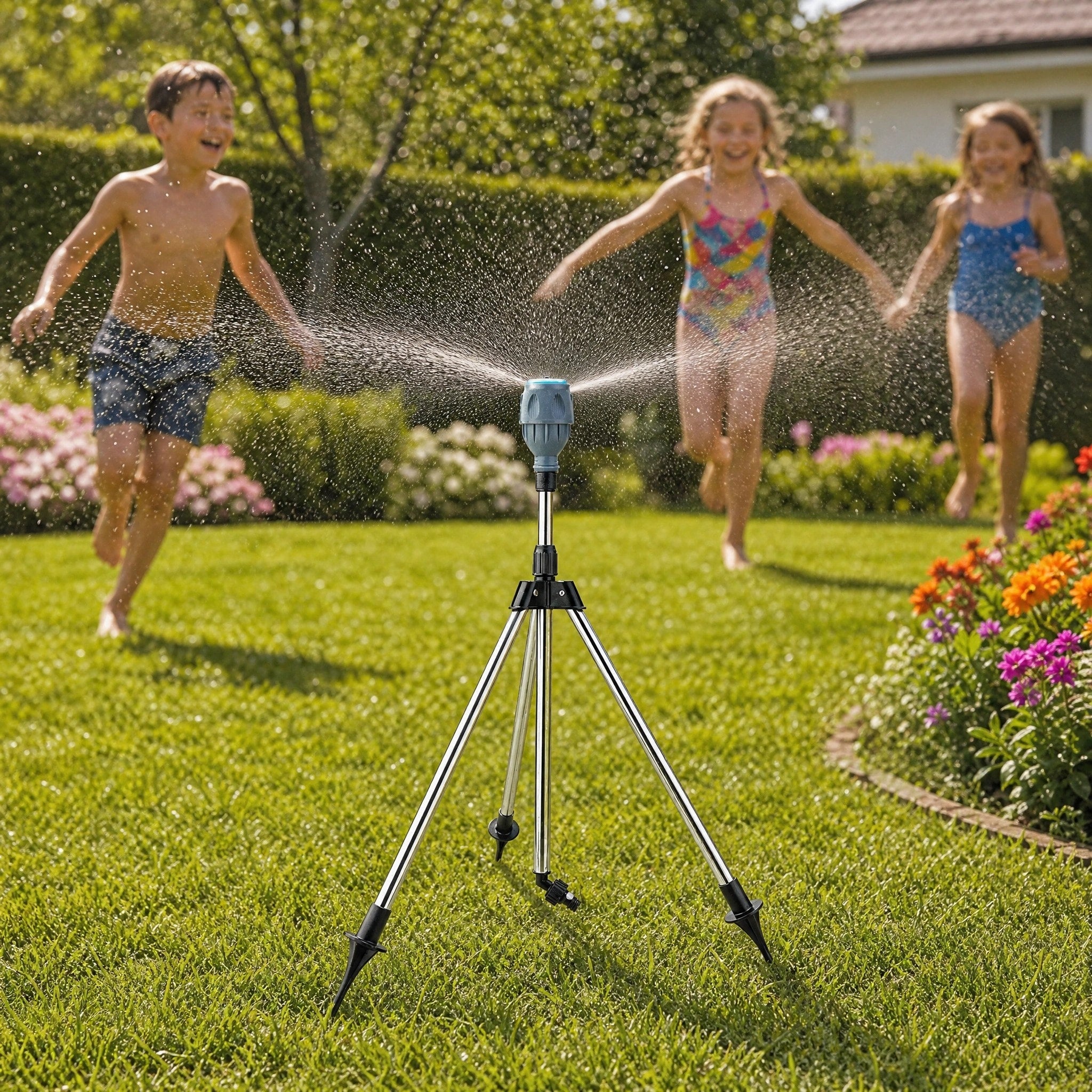 Tripod Lawn Sprinkler with Height Adjustable Rotating Spray Nozzle
