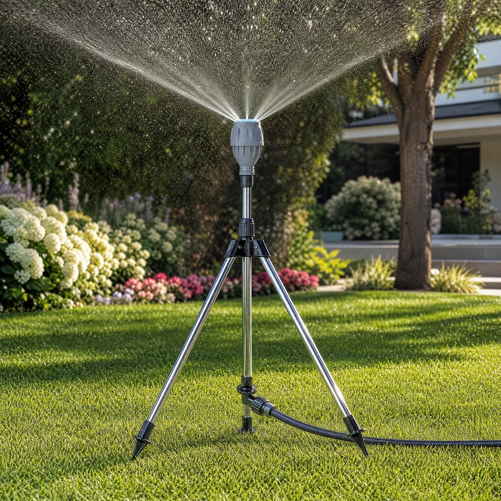 Tripod Lawn Sprinkler with Height Adjustable Rotating Spray Nozzle
