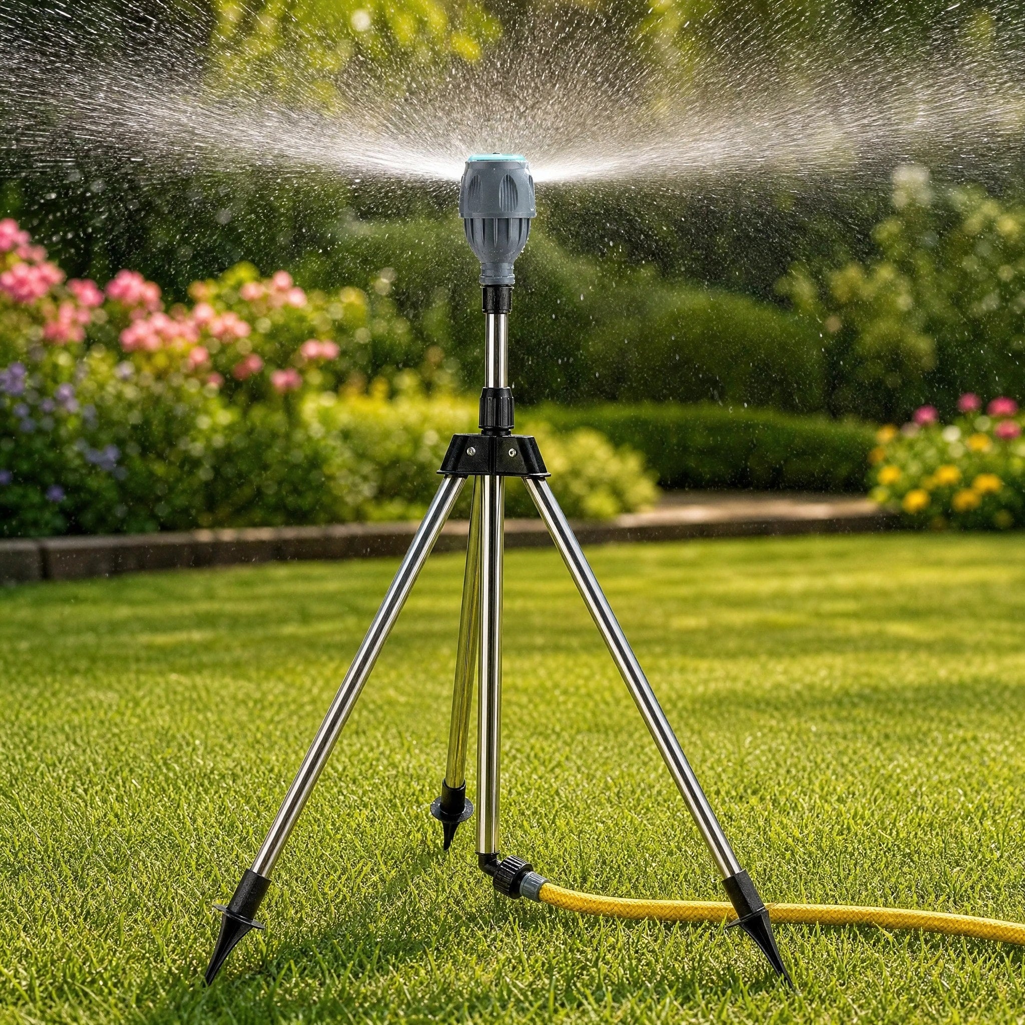 Tripod Lawn Sprinkler with Height Adjustable Rotating Spray Nozzle